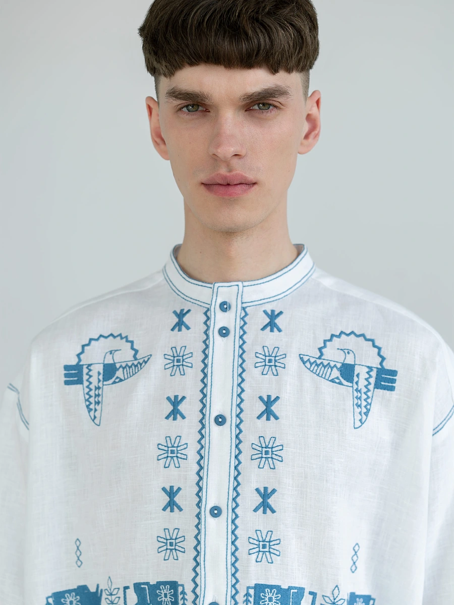 Men's linen shirt with embroidery Adam Brown — White