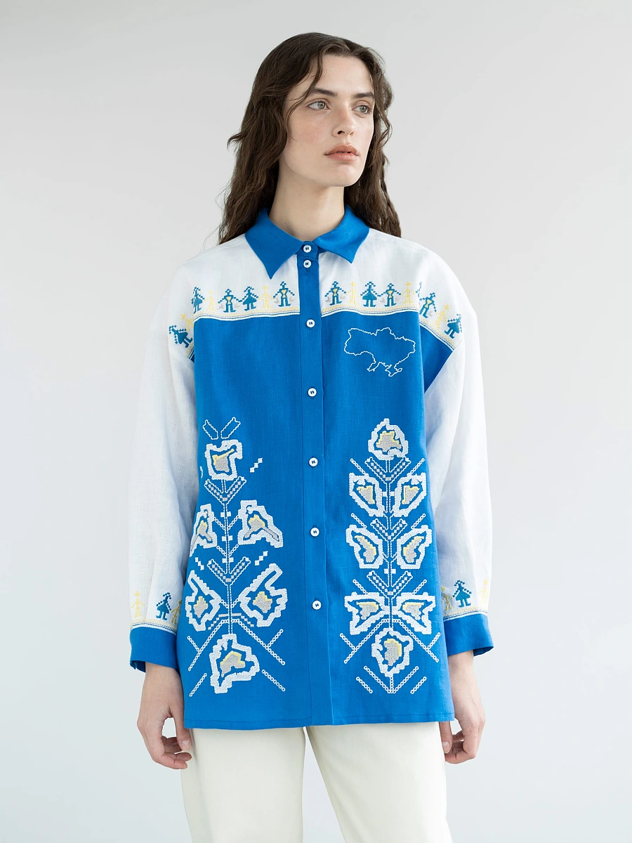 Linen shirt with embroidered cities-heroes Smilyvist 2 — Blue