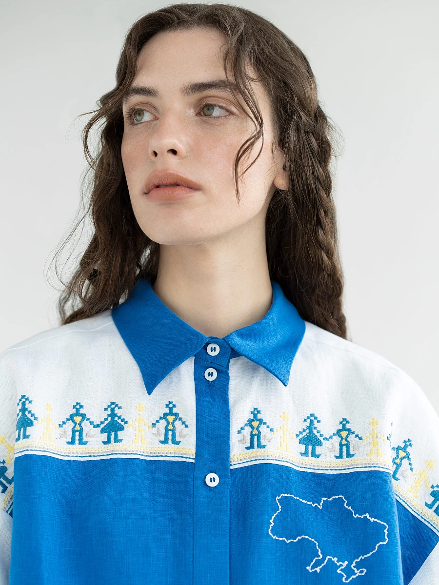 Linen shirt with embroidered cities-heroes Smilyvist 2 — Blue