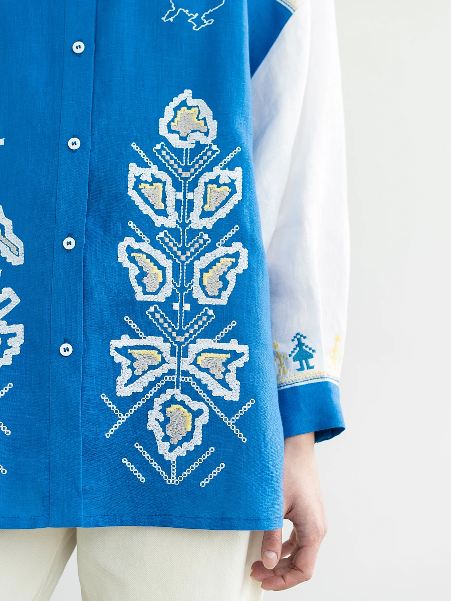 Linen shirt with embroidered cities-heroes Smilyvist 2 — Blue