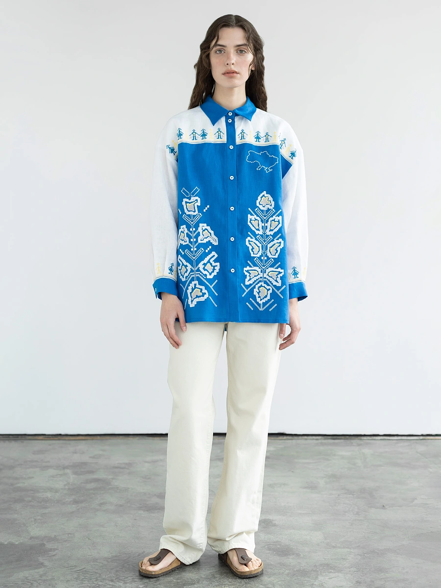 Linen shirt with embroidered cities-heroes Smilyvist 2 — Blue