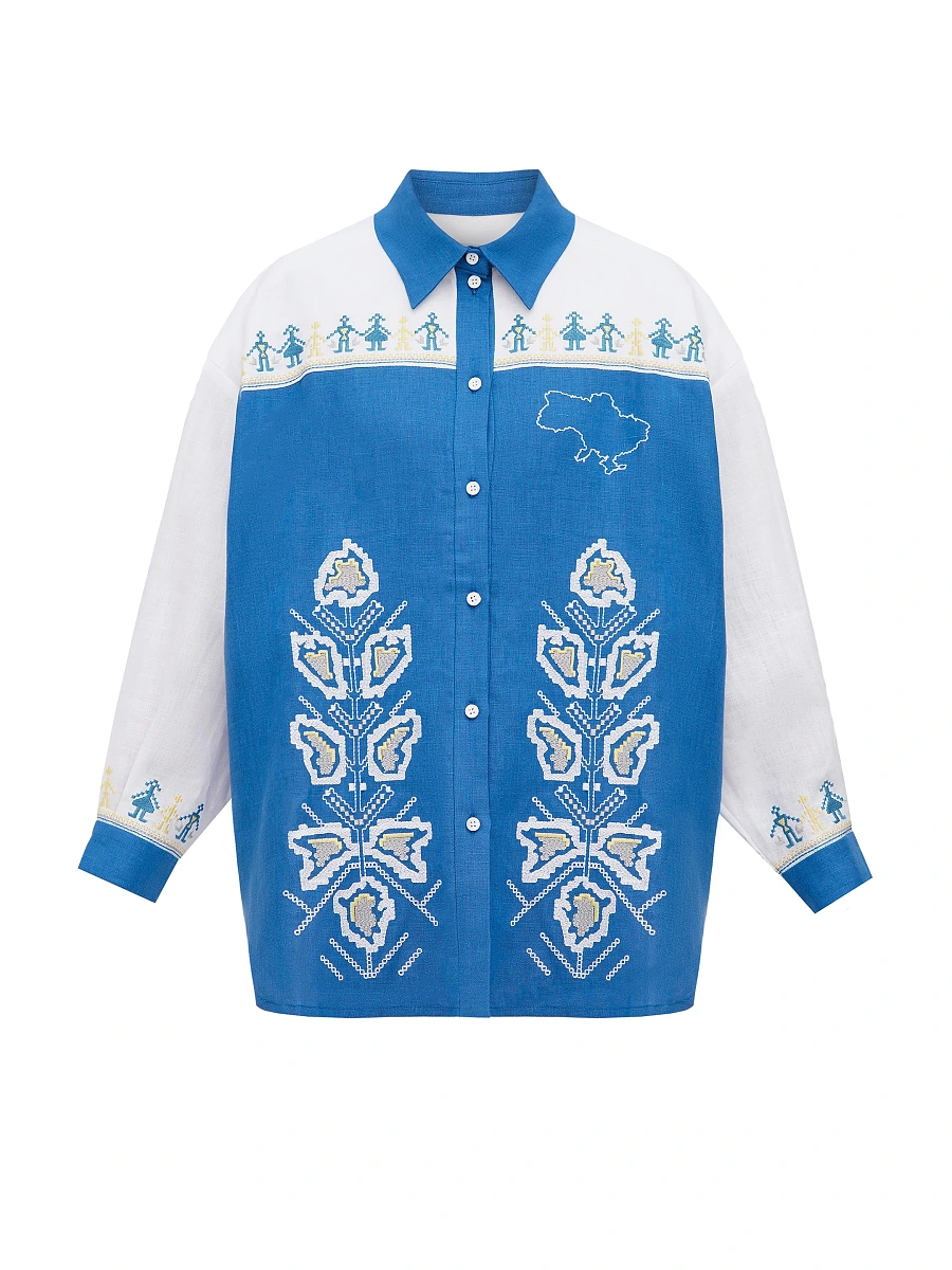 Linen shirt with embroidered cities-heroes Smilyvist 2 — Blue
