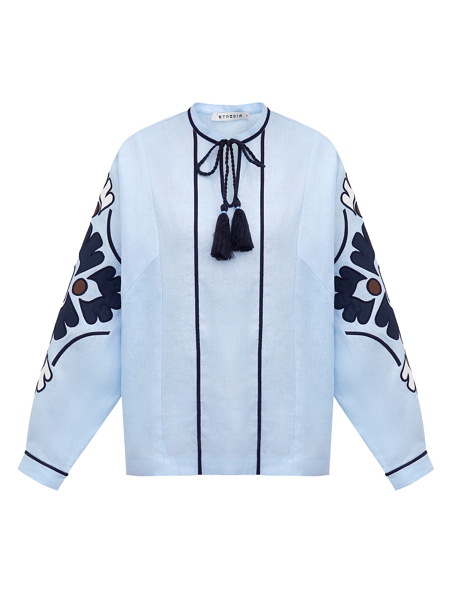 Embroidered shirt in blue linen Aqua [0]