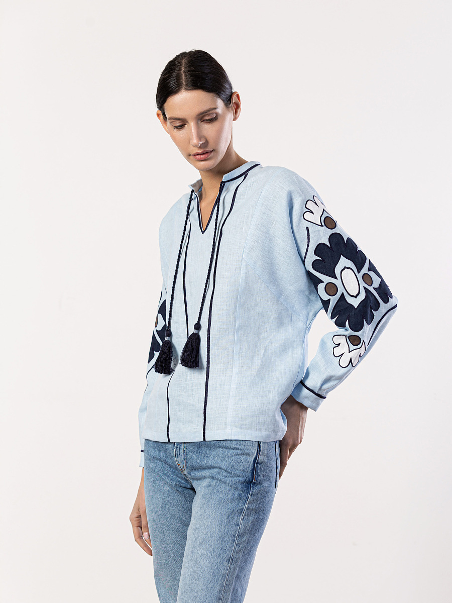 Embroidered shirt in blue linen Aqua [0]