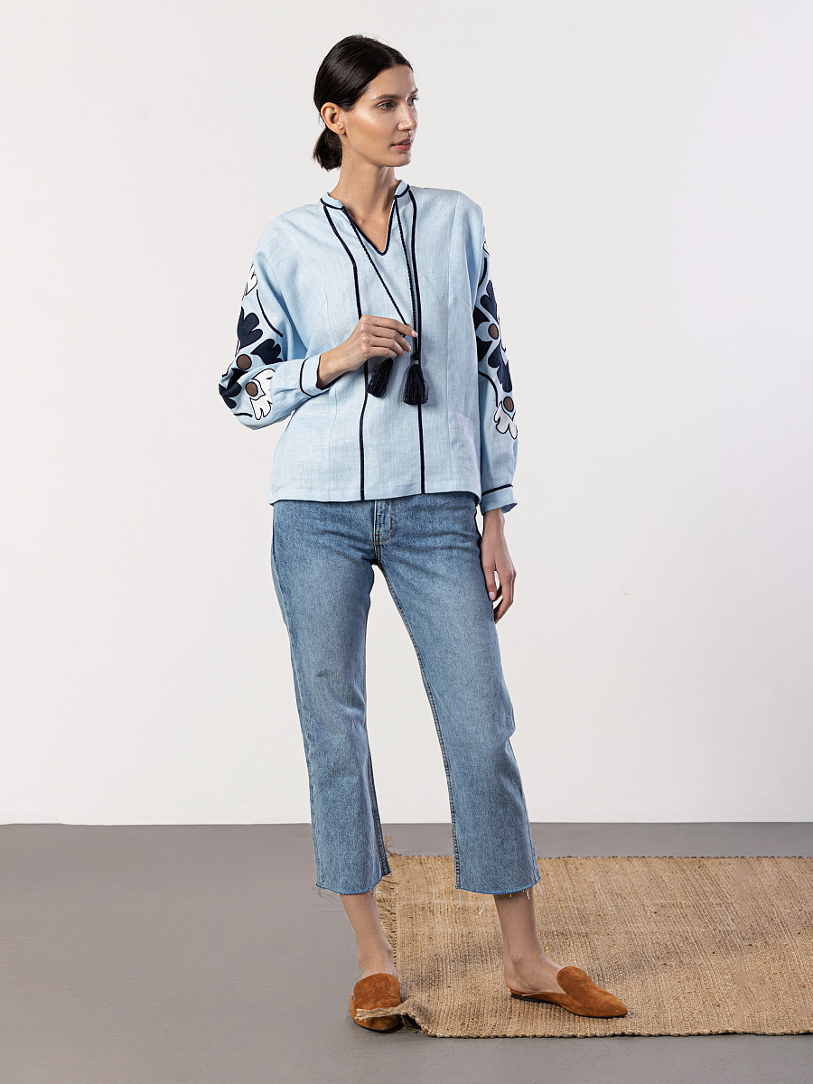 Embroidered shirt in blue linen Aqua [0]
