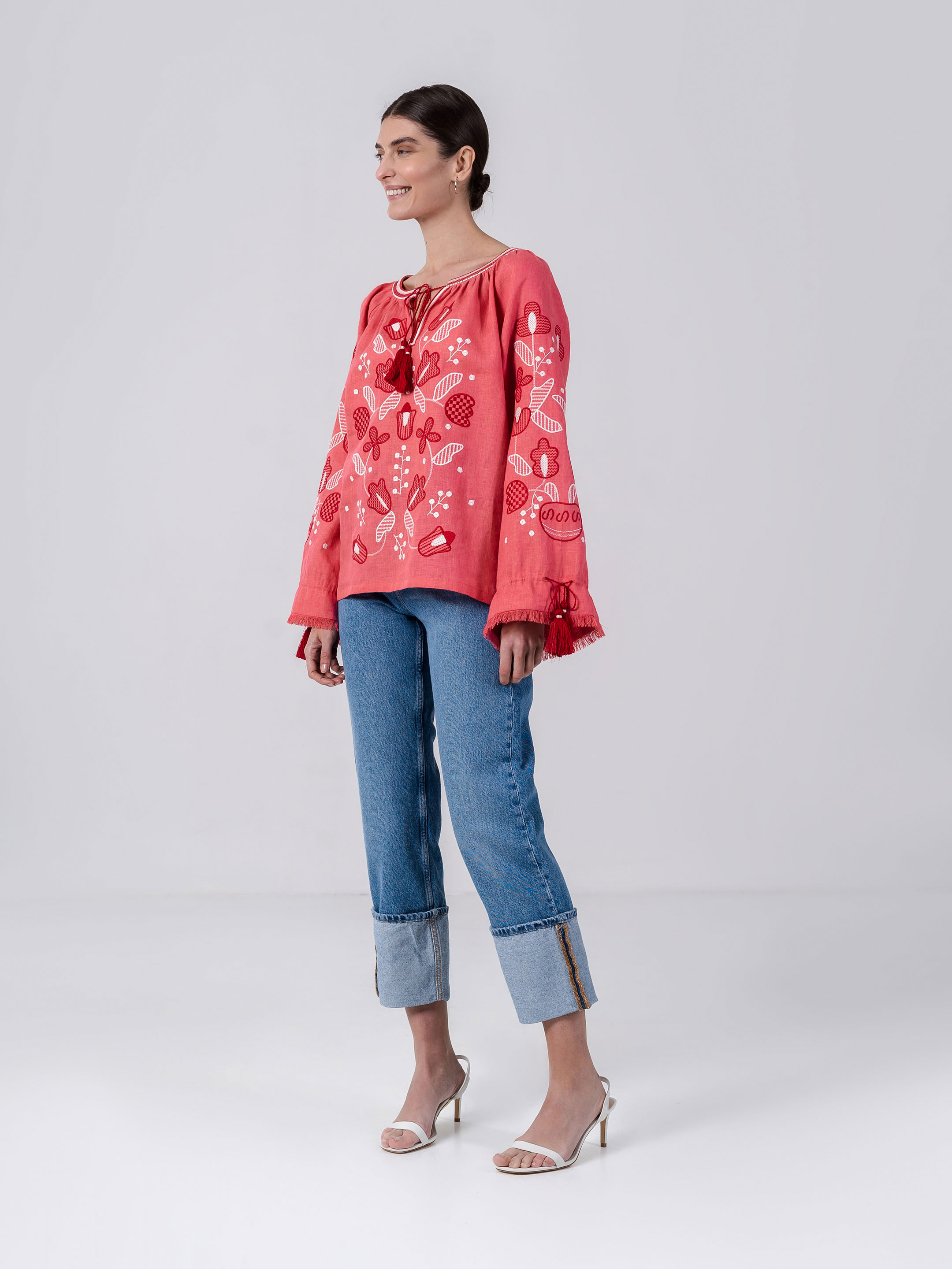 Linen embroidered shirt with floral ornament Pink Harmony cheap