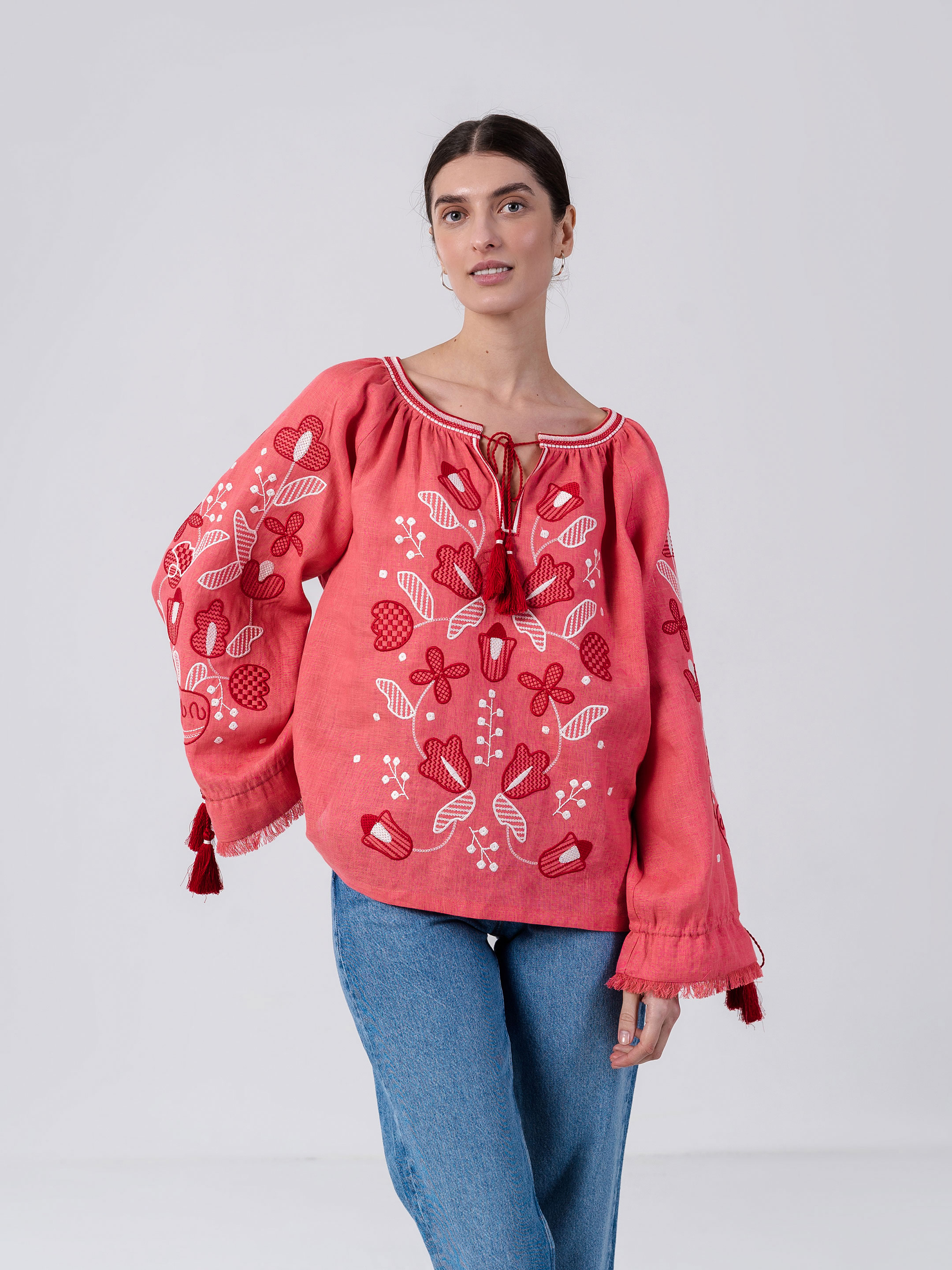 Linen embroidered shirt with floral ornament Pink Harmony ціна