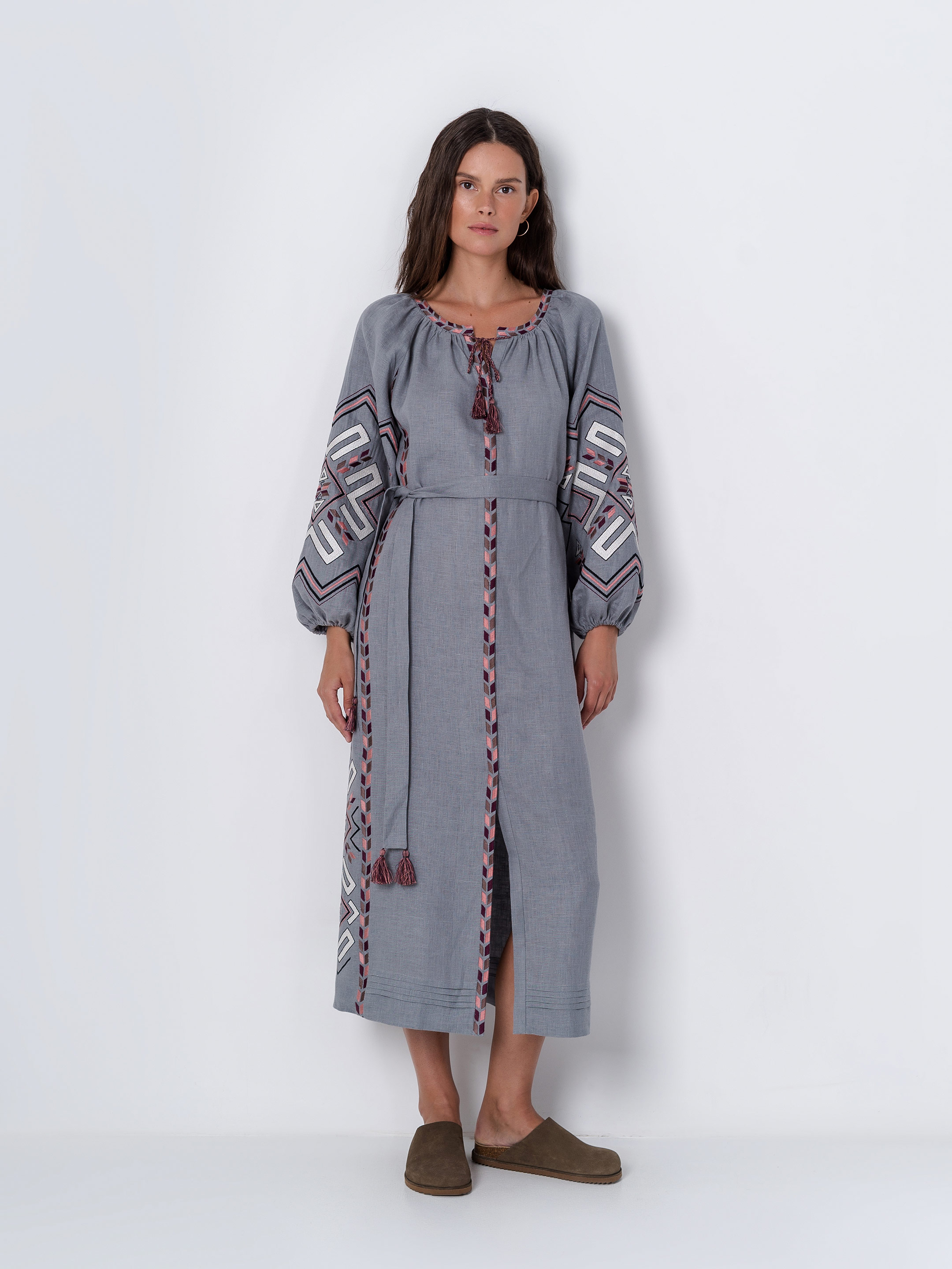 Gray linen dress with geometric embroidery Podilska Buy