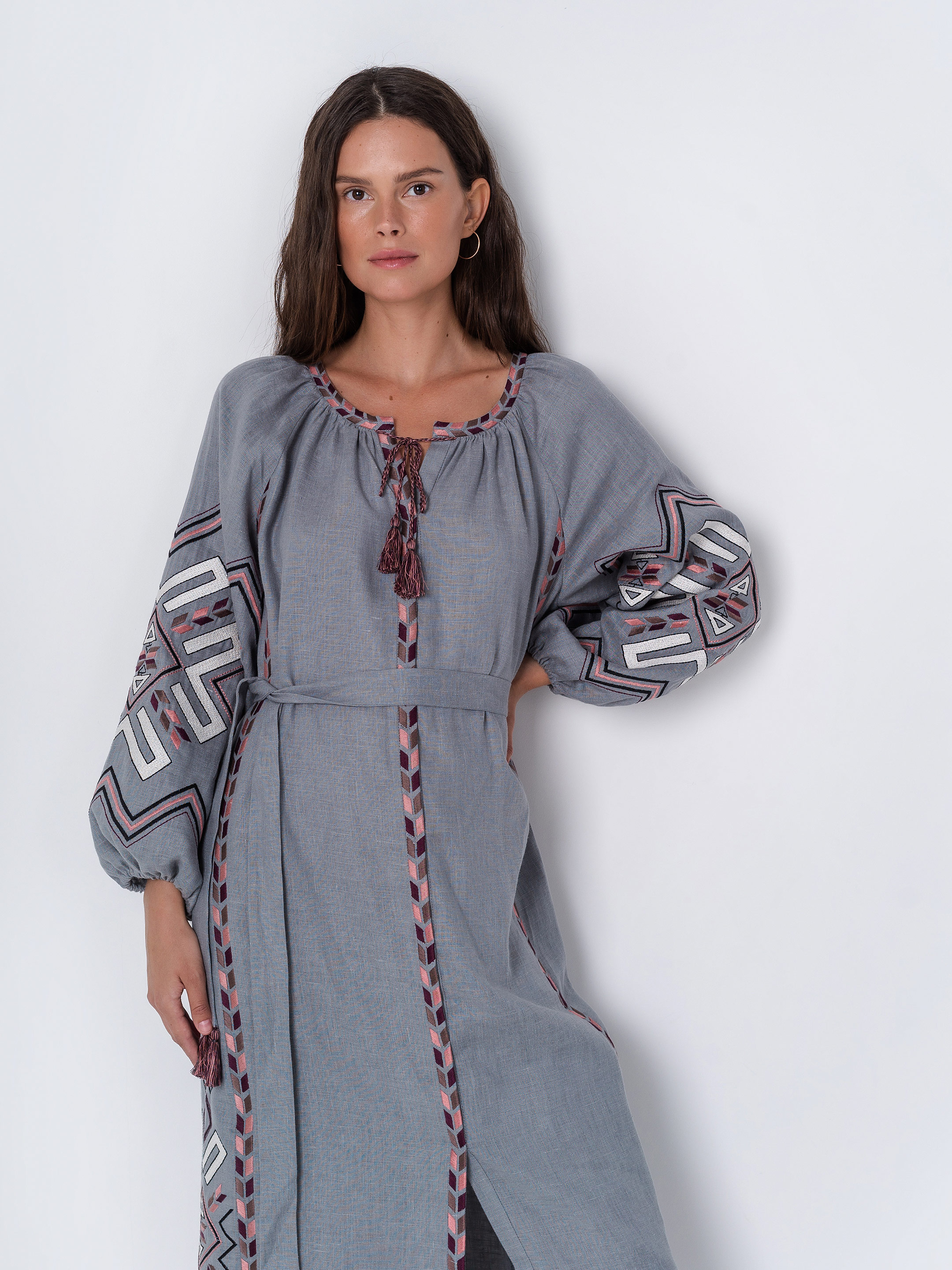 Gray linen dress with geometric embroidery Podilska cheap