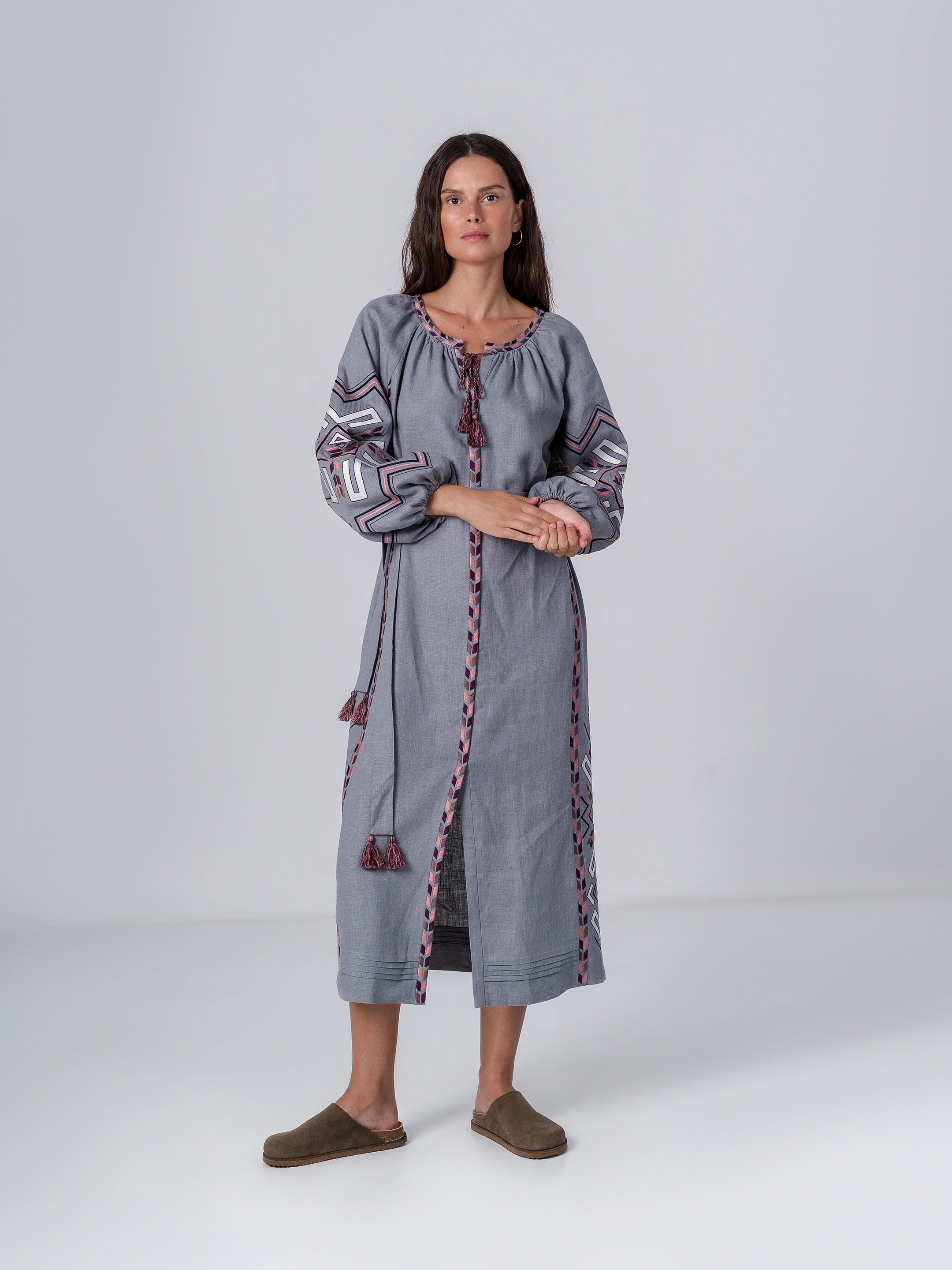 Gray linen dress with geometric embroidery Podilska ціна