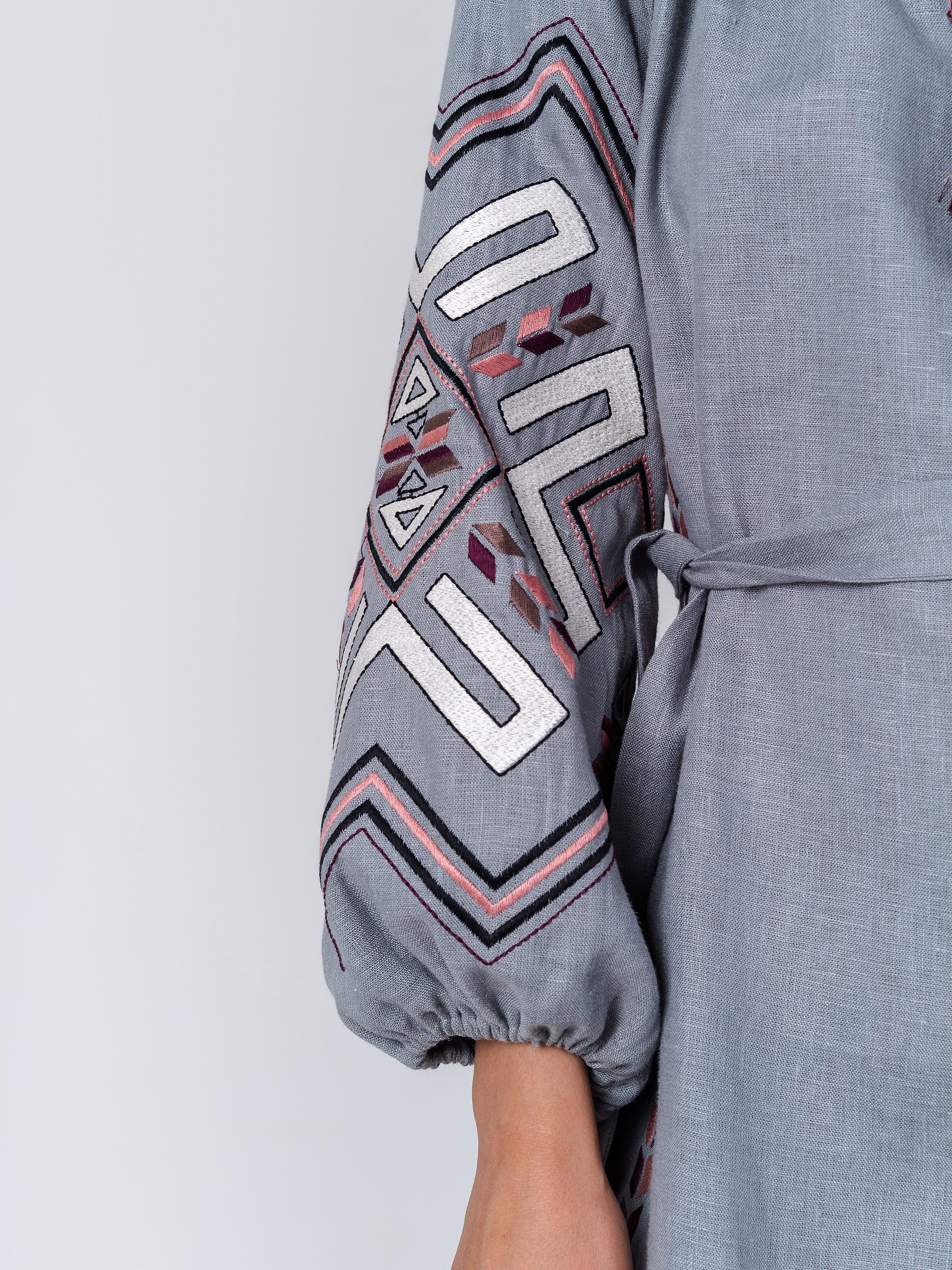 Gray linen dress with geometric embroidery Podilska photo