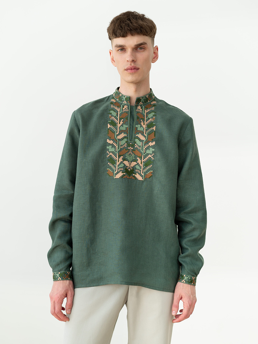 Men's embroidered shirt with pixel ornament of oak leaves Velych [0]