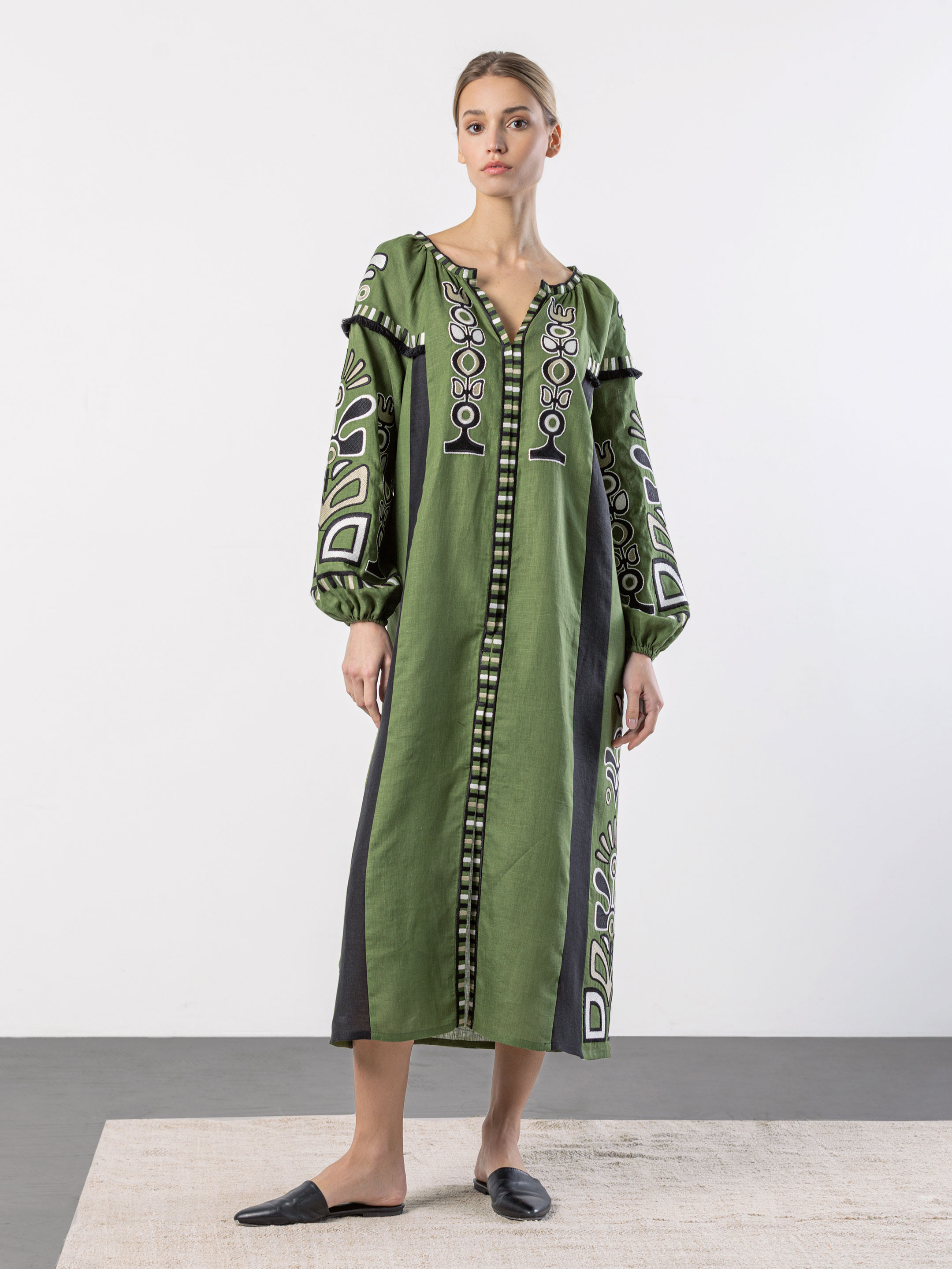 Green dress with black applique and embroidery VILHA Buy