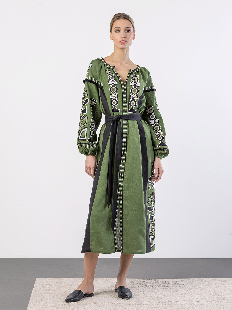 Green dress with black applique and embroidery VILHA [0]