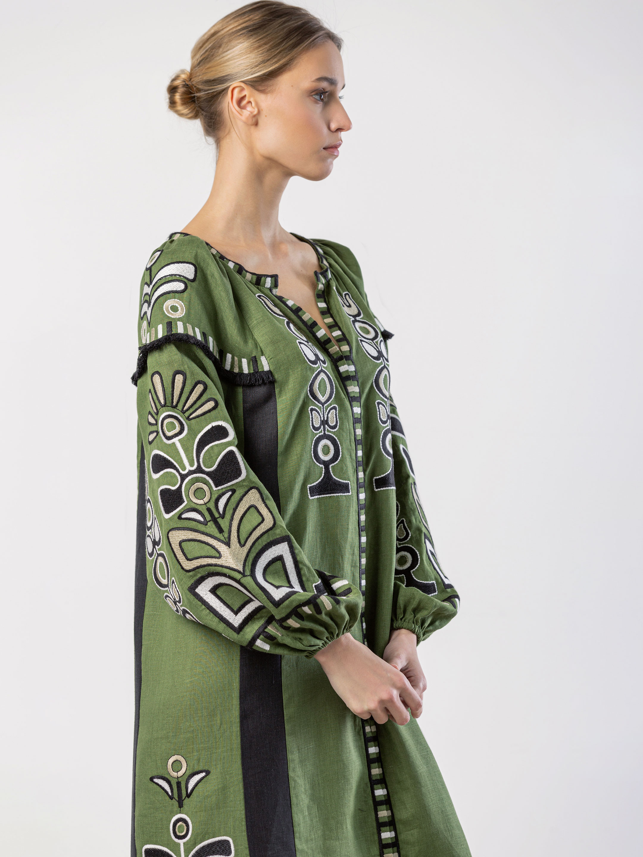Green dress with black applique and embroidery VILHA fitting