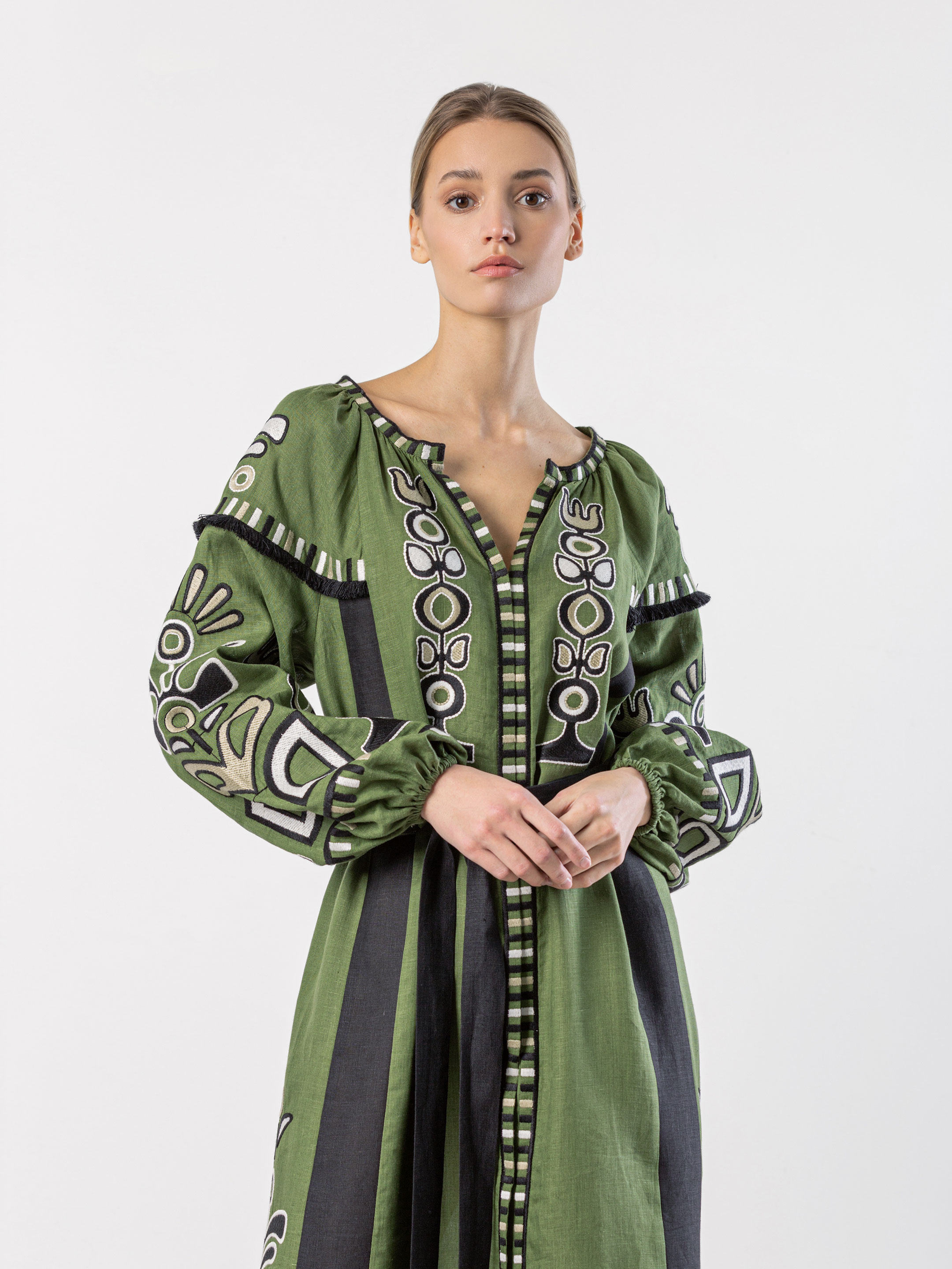 Green dress with black applique and embroidery VILHA cheap