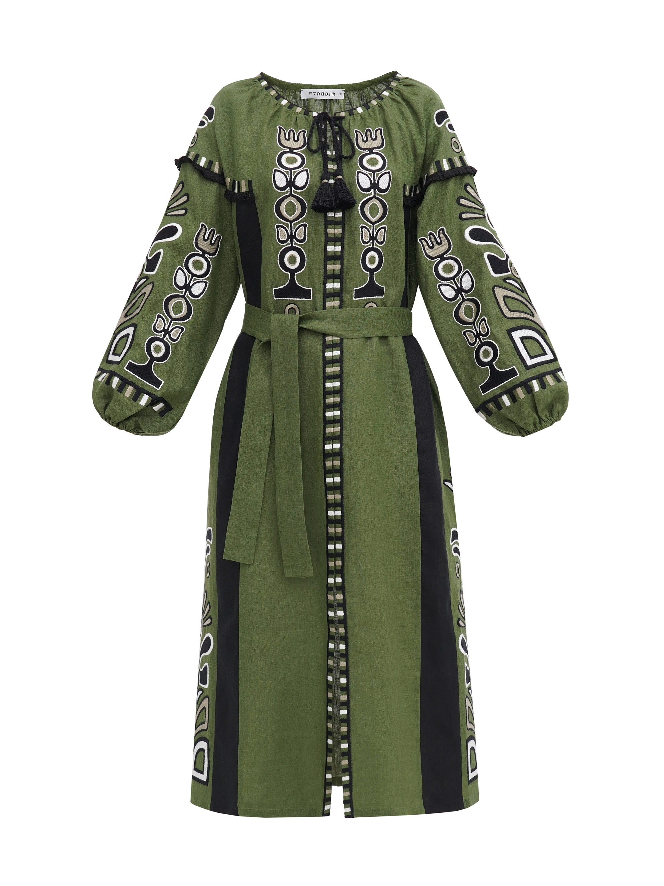 Green dress with black applique and embroidery VILHA sizes
