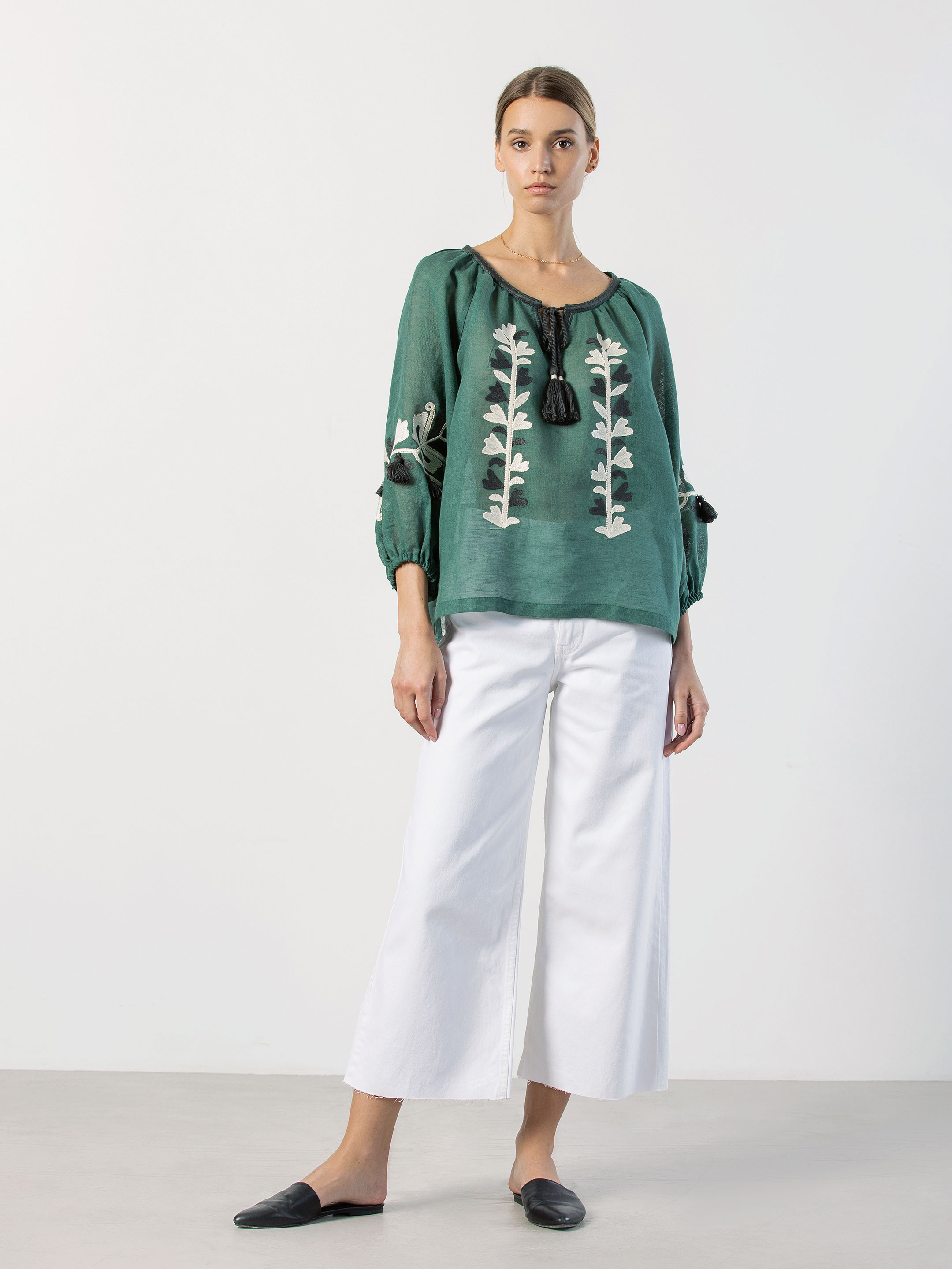 Linen embroidered blouse Green Daisy in Ukraine