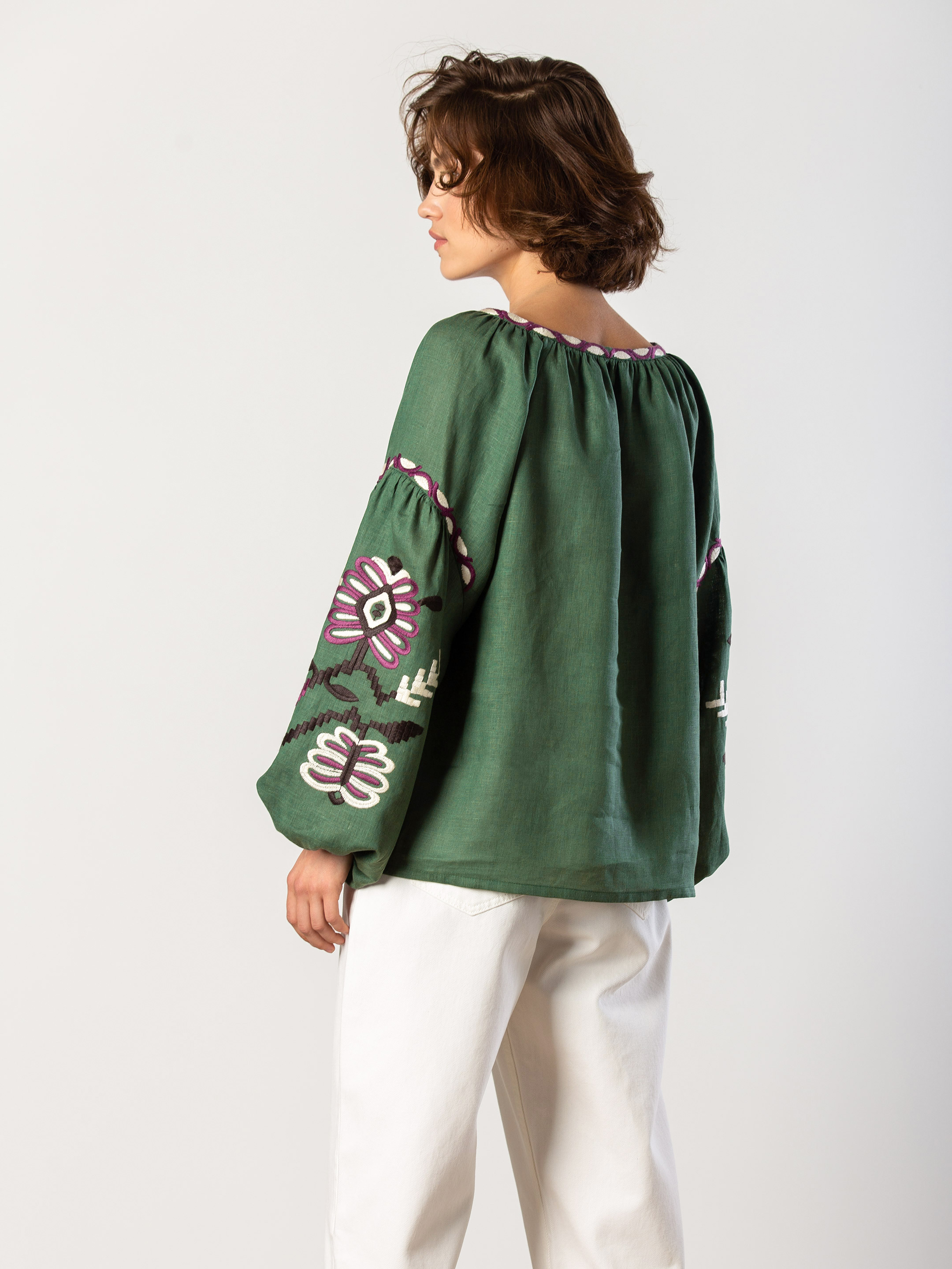 Embroidered shirt in linen with floral ornament Butterfly green in Ukraine