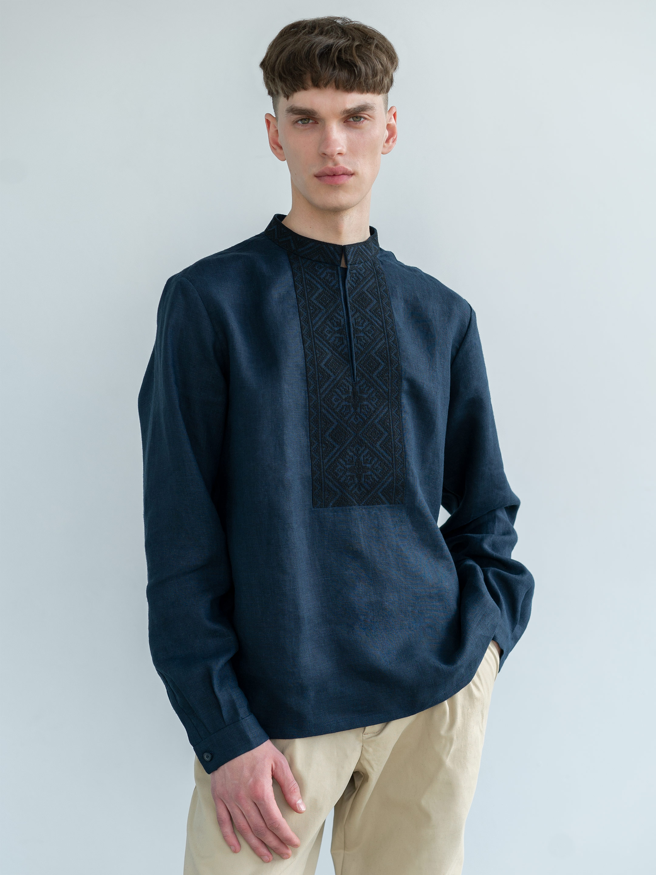 Dark-blue linen shirt with black embroidery ED4 Buy