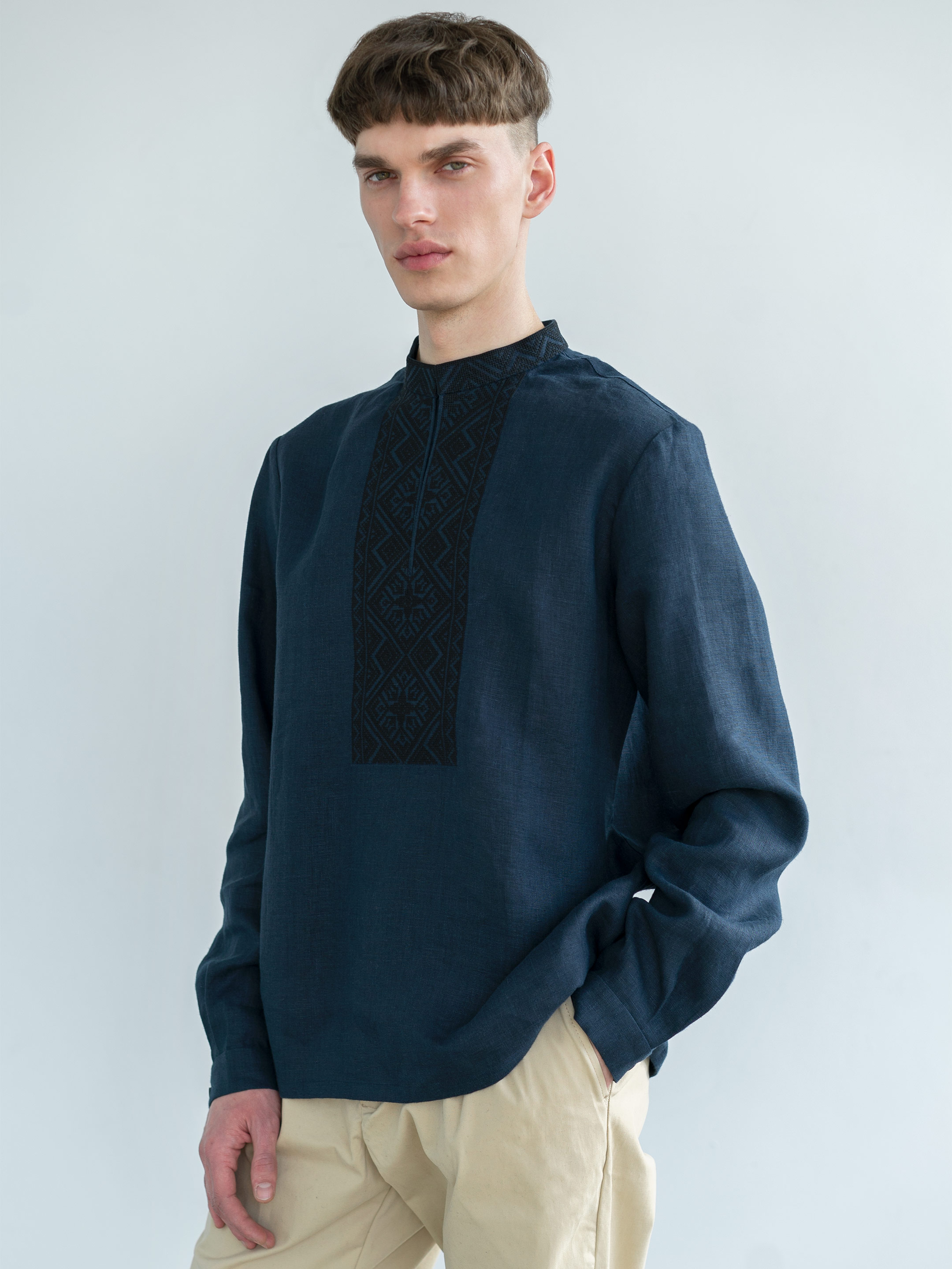 Dark-blue linen shirt with black embroidery ED4 fitting