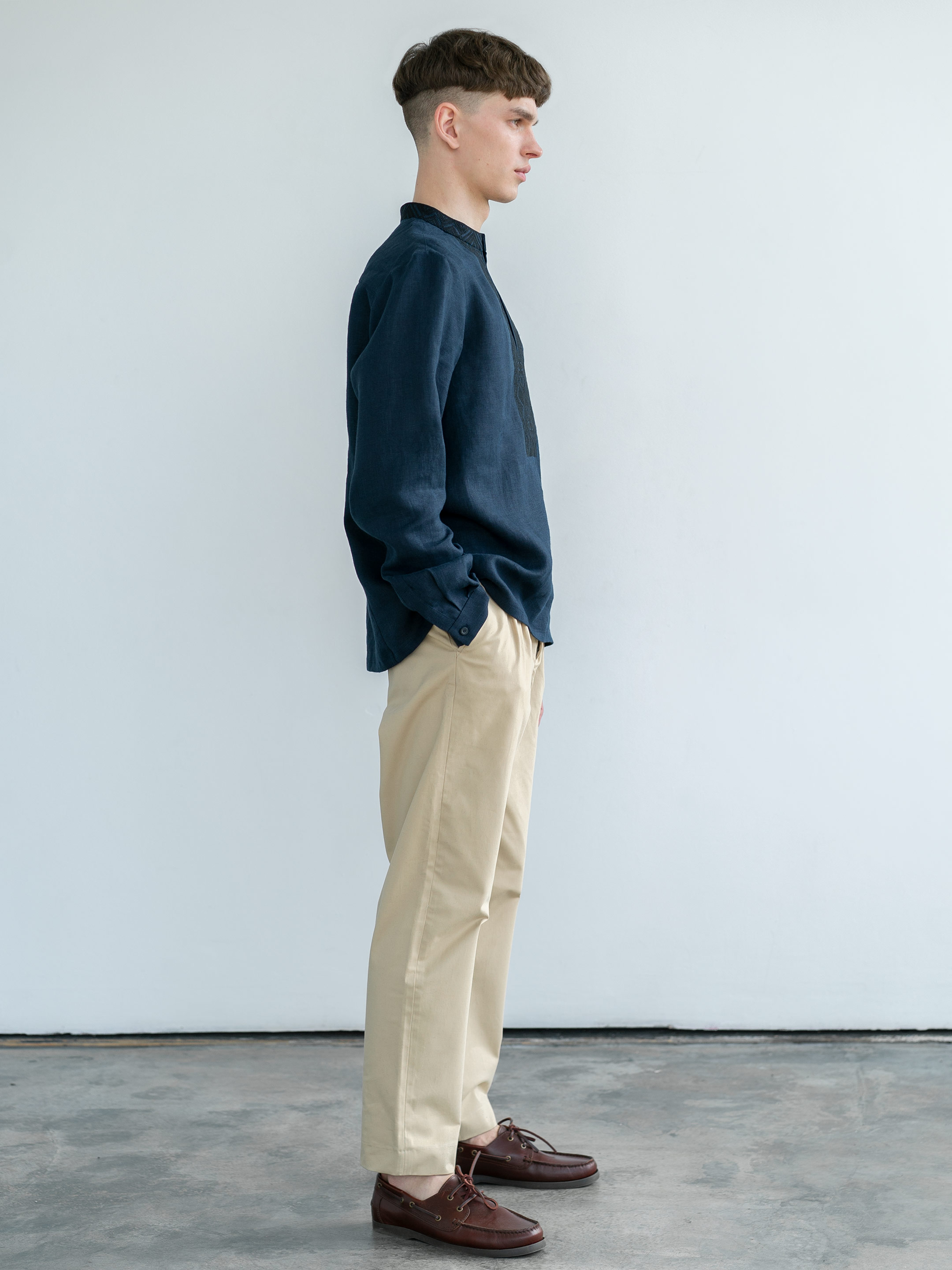 Dark-blue linen shirt with black embroidery ED4 in Ukraine
