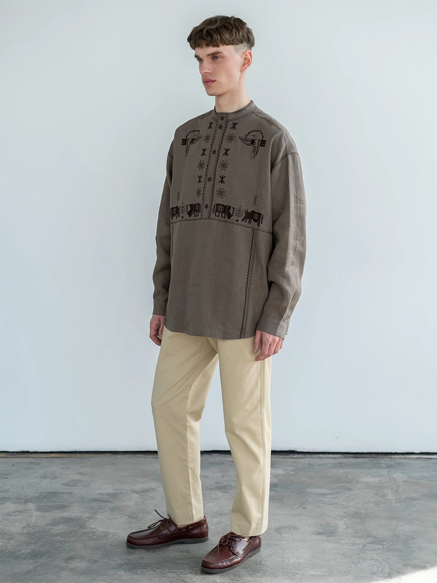 Men's linen shirt with embroidery Adam — Brown