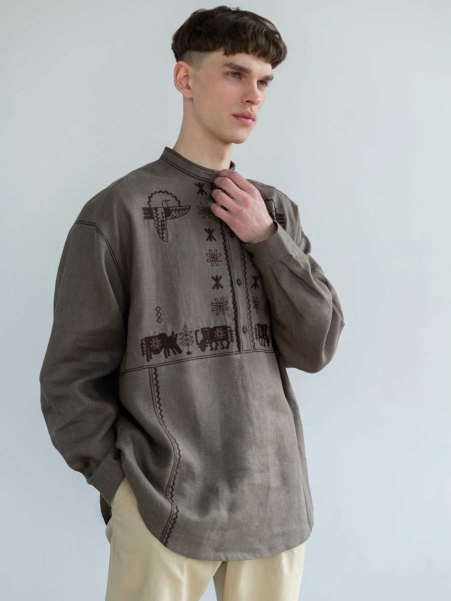 Men's linen shirt with embroidery Adam — Brown