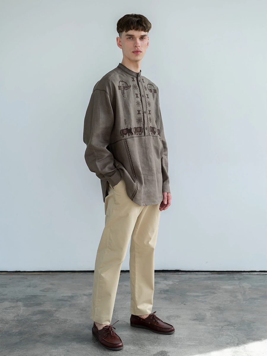 Men's linen shirt with embroidery Adam — Brown