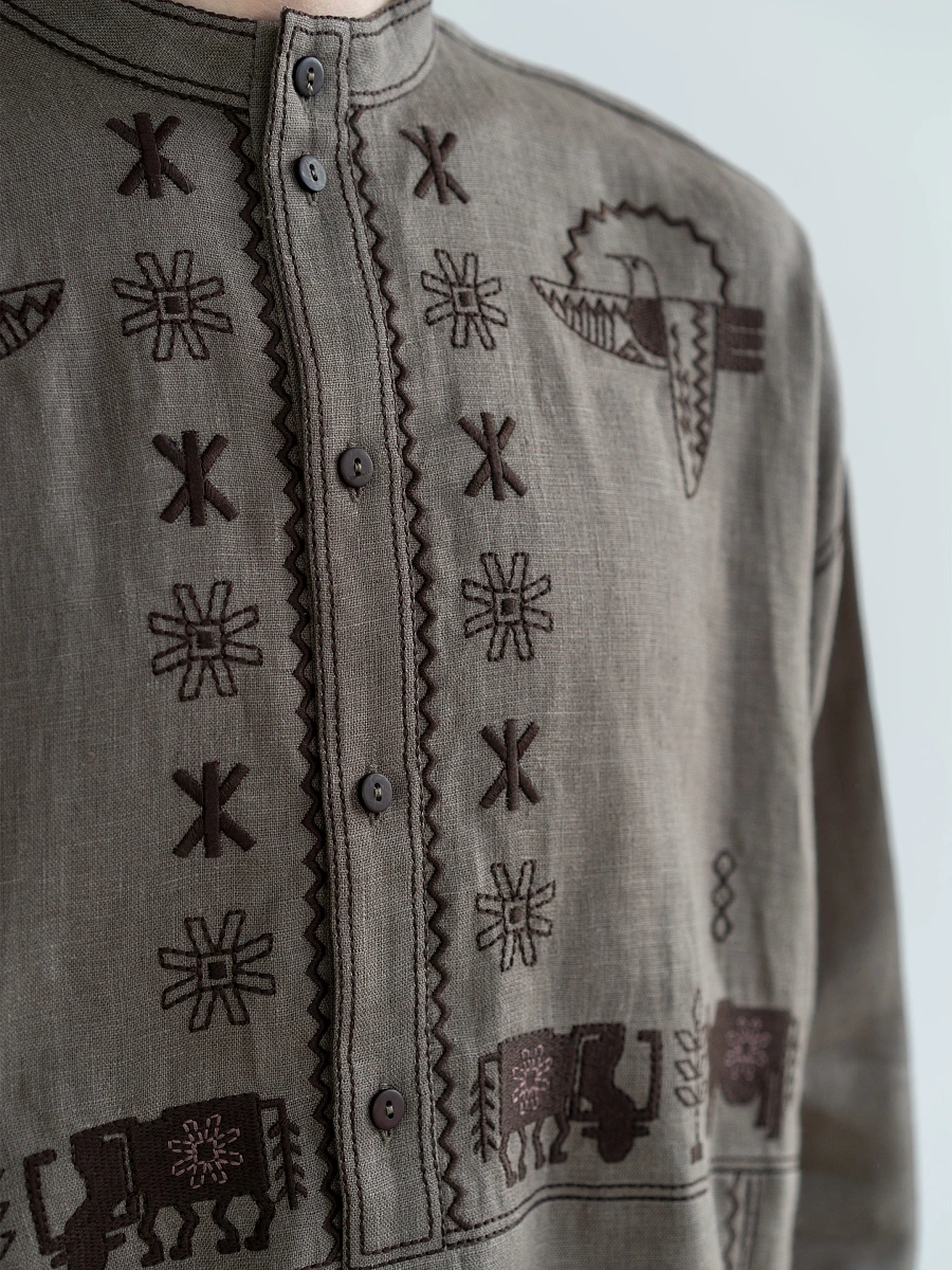 Men's linen shirt with embroidery Adam — Brown