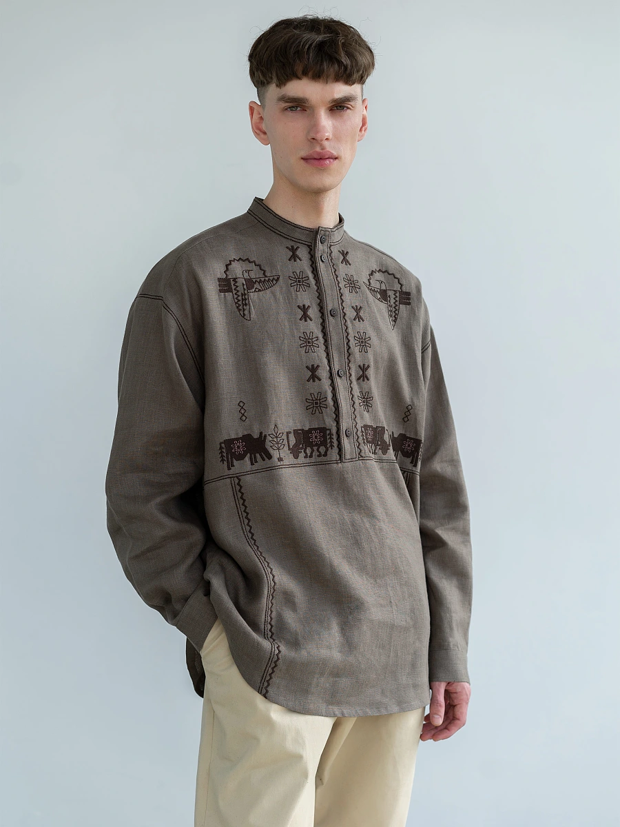 Men's linen shirt with embroidery Adam — Brown