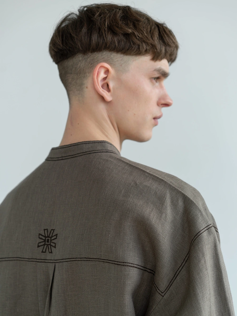 Men's linen shirt with embroidery Adam — Brown