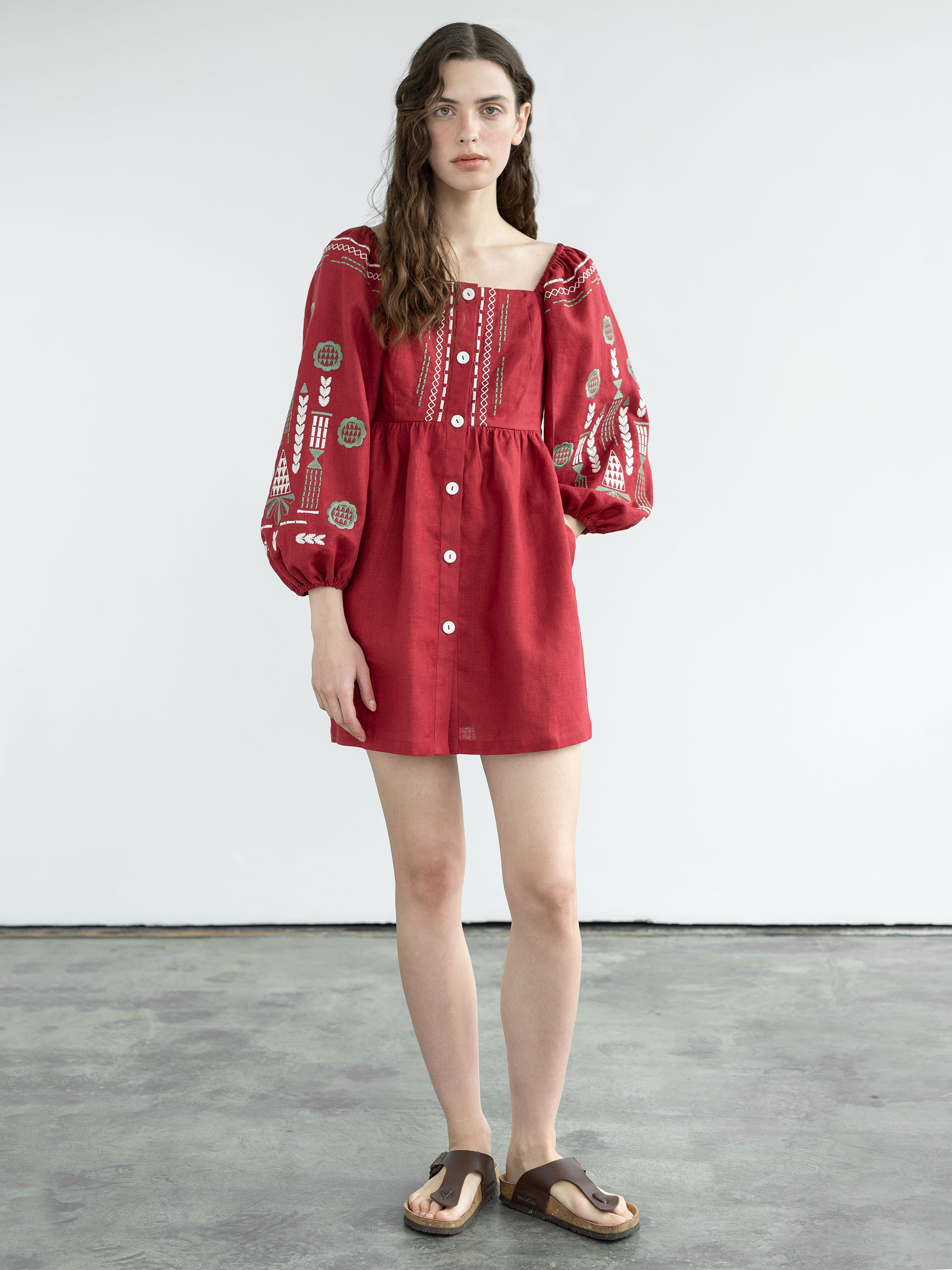 Linen embroidered dress Red Mozaika cheap