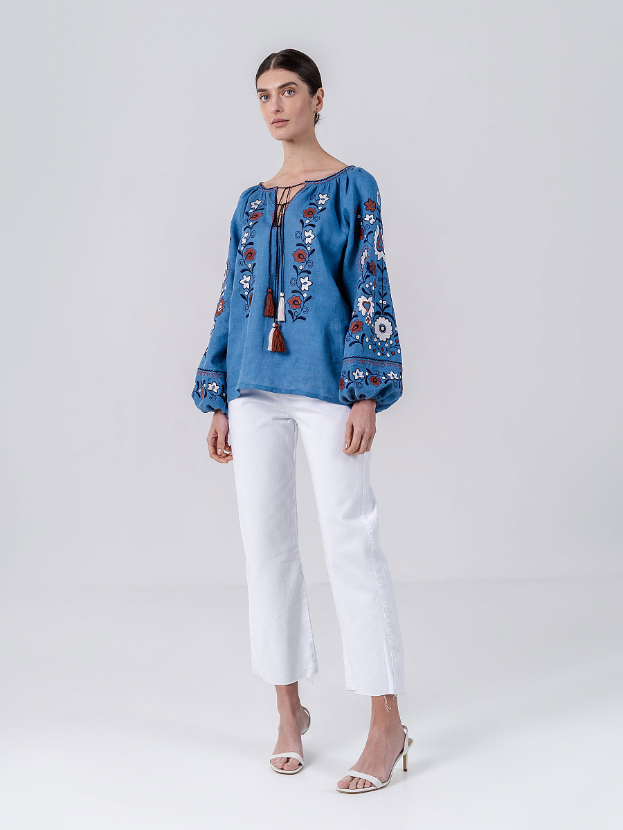 Blue embroidered shirt with floral ornament Fialka [0]