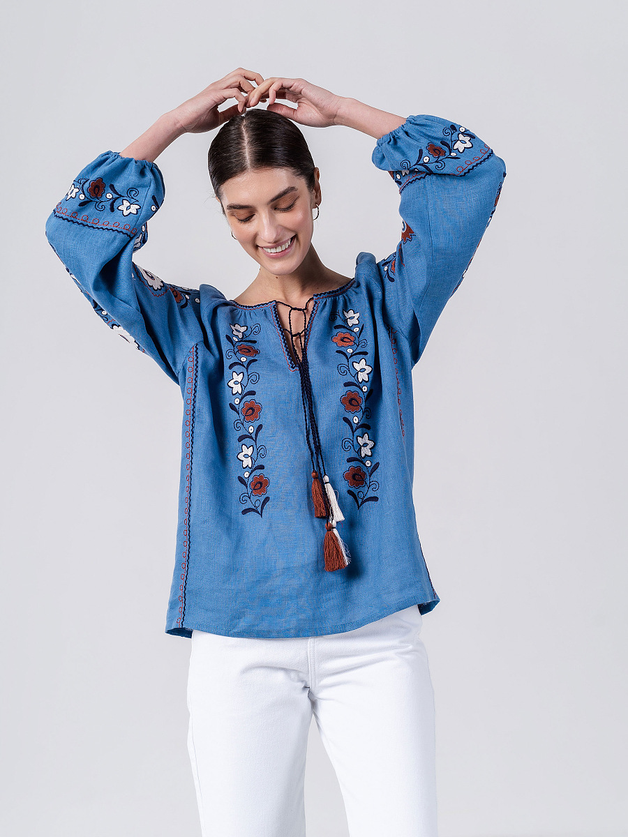 Blue embroidered shirt with floral ornament Fialka [0]