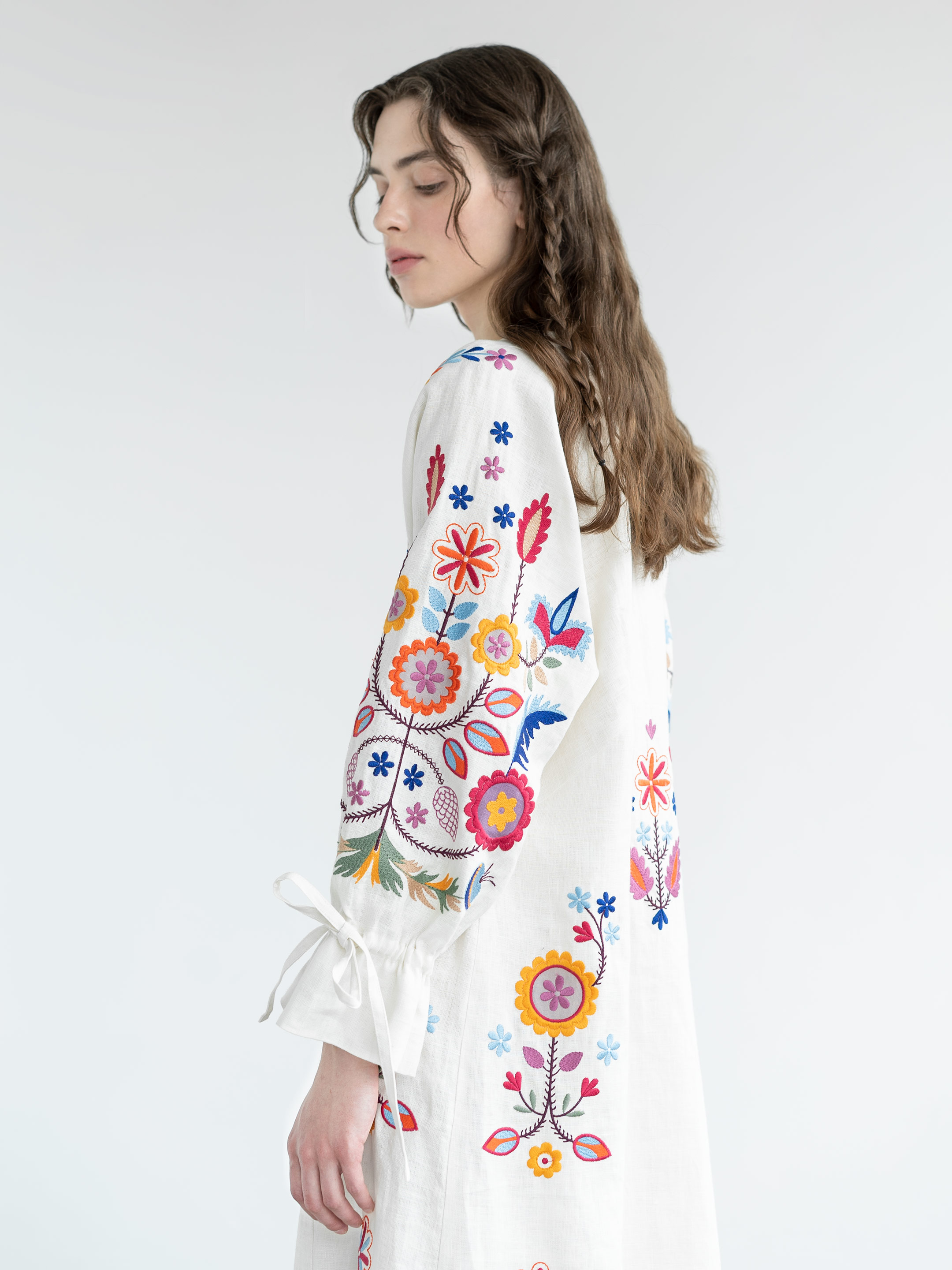White linen dress with floral embroidery Taily sizes