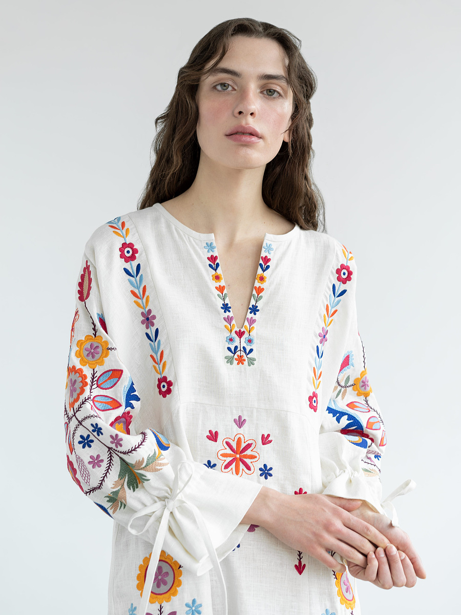 White linen dress with floral embroidery Sobachko [0]