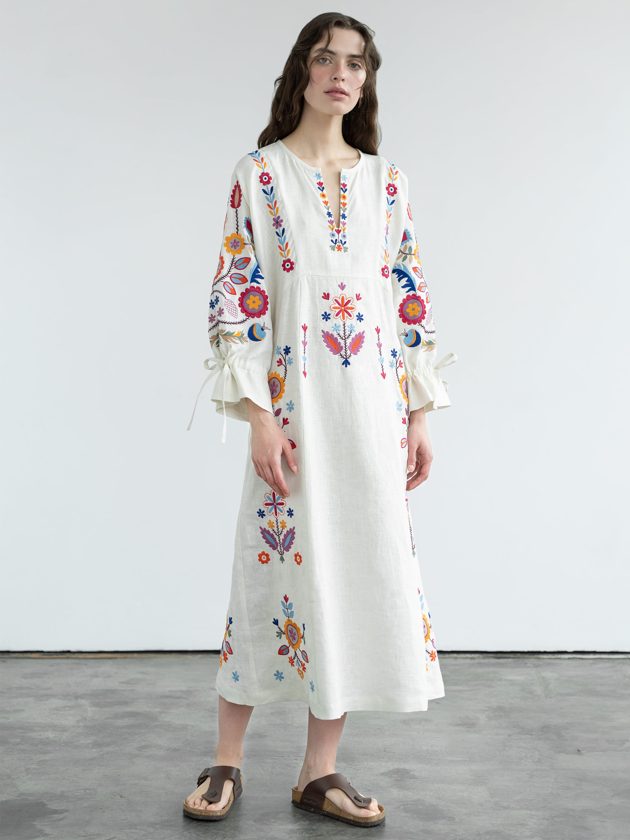 White linen dress with floral embroidery Taily Buy