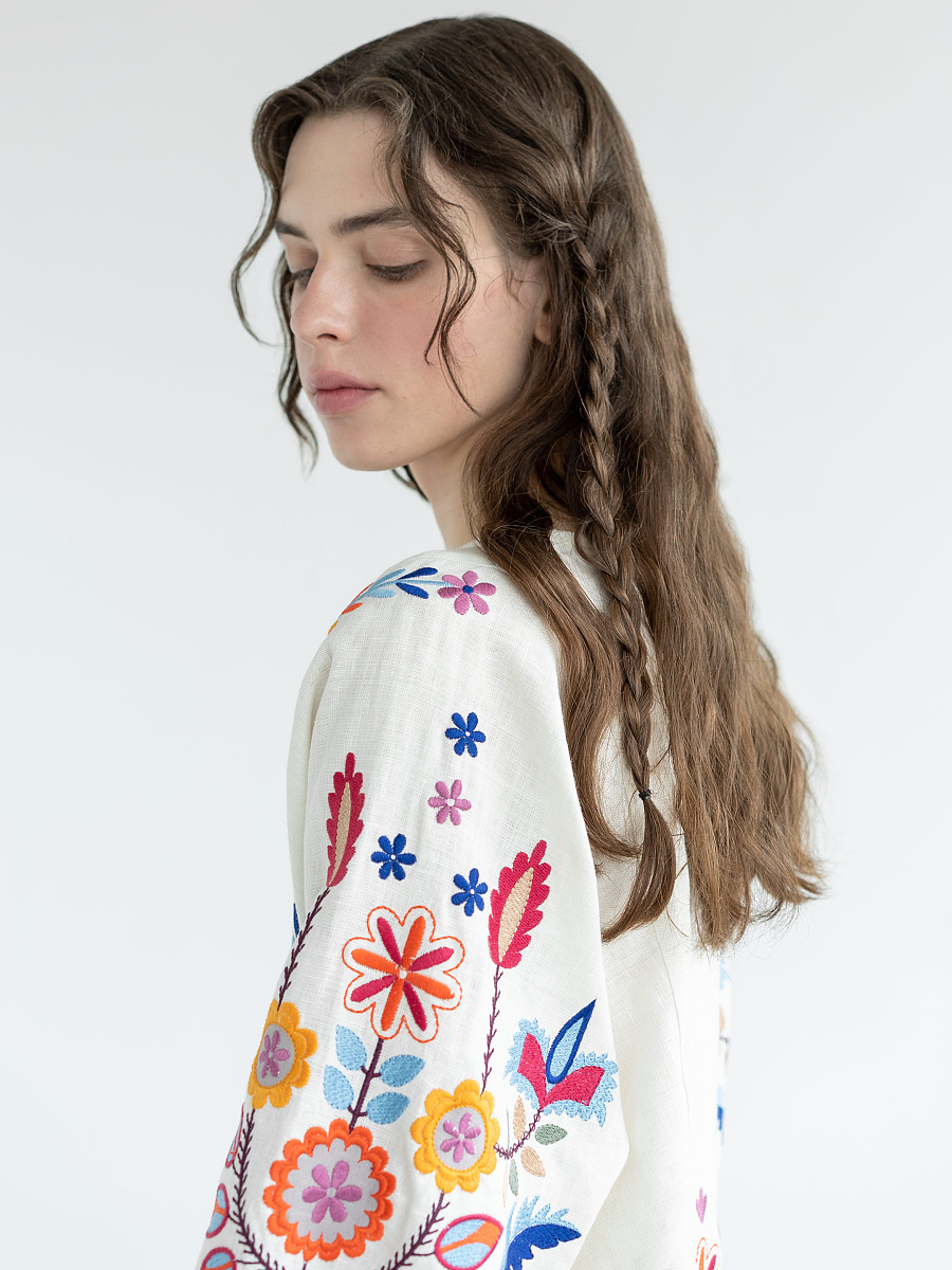 White linen dress with floral embroidery Sobachko [0]