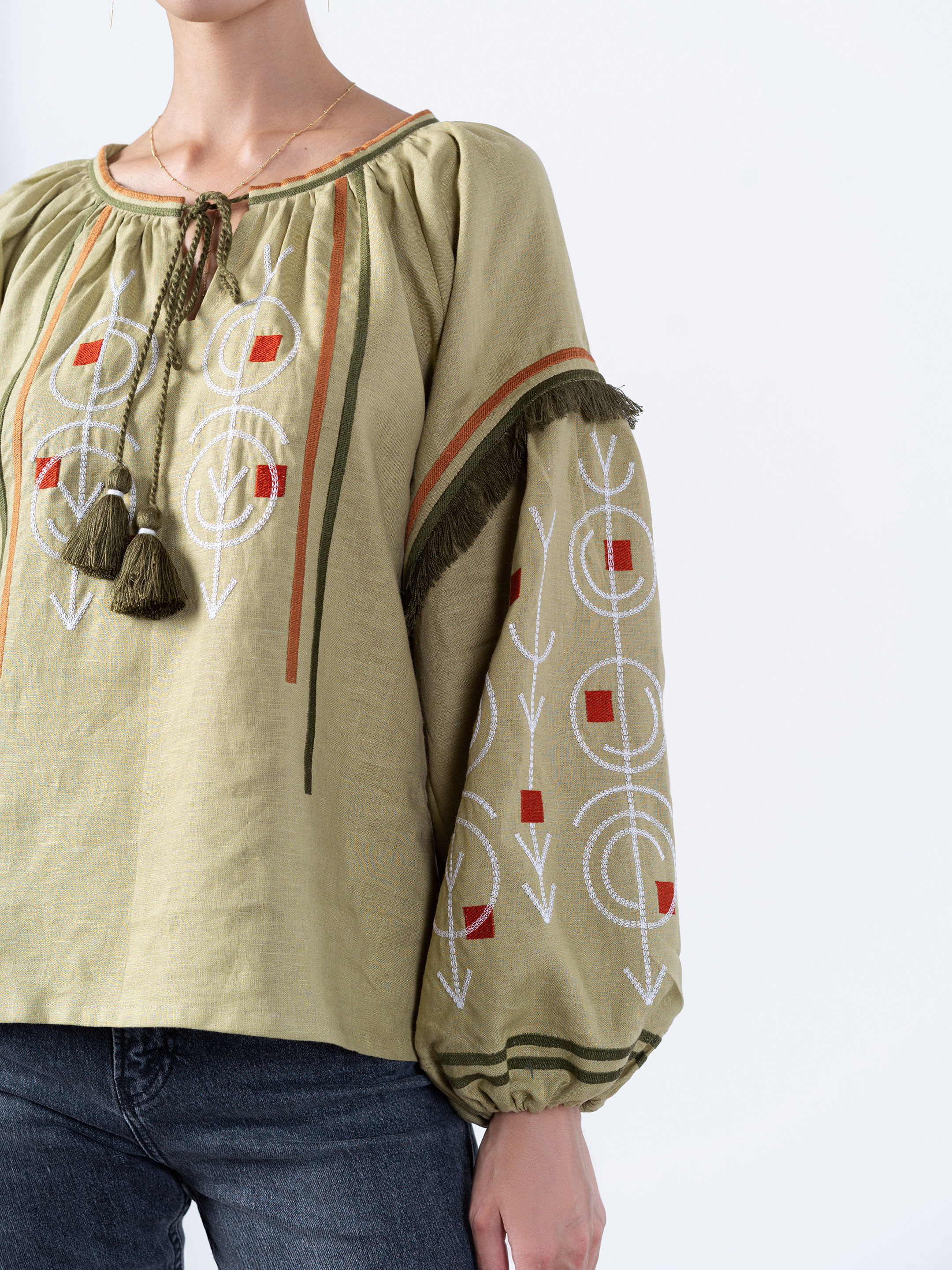Linen embroidered free cut shirt GEO OLIVE sizes