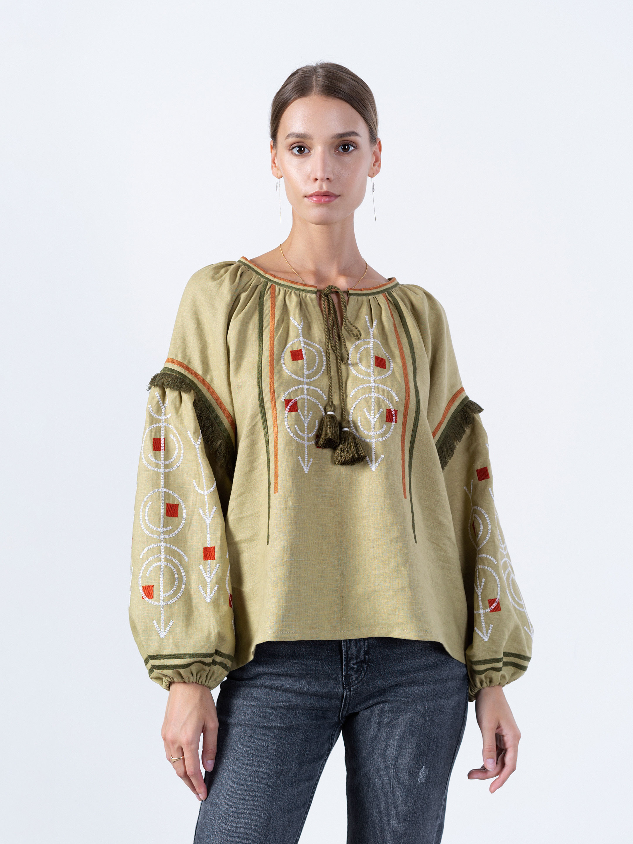 Linen embroidered free cut shirt GEO OLIVE fitting