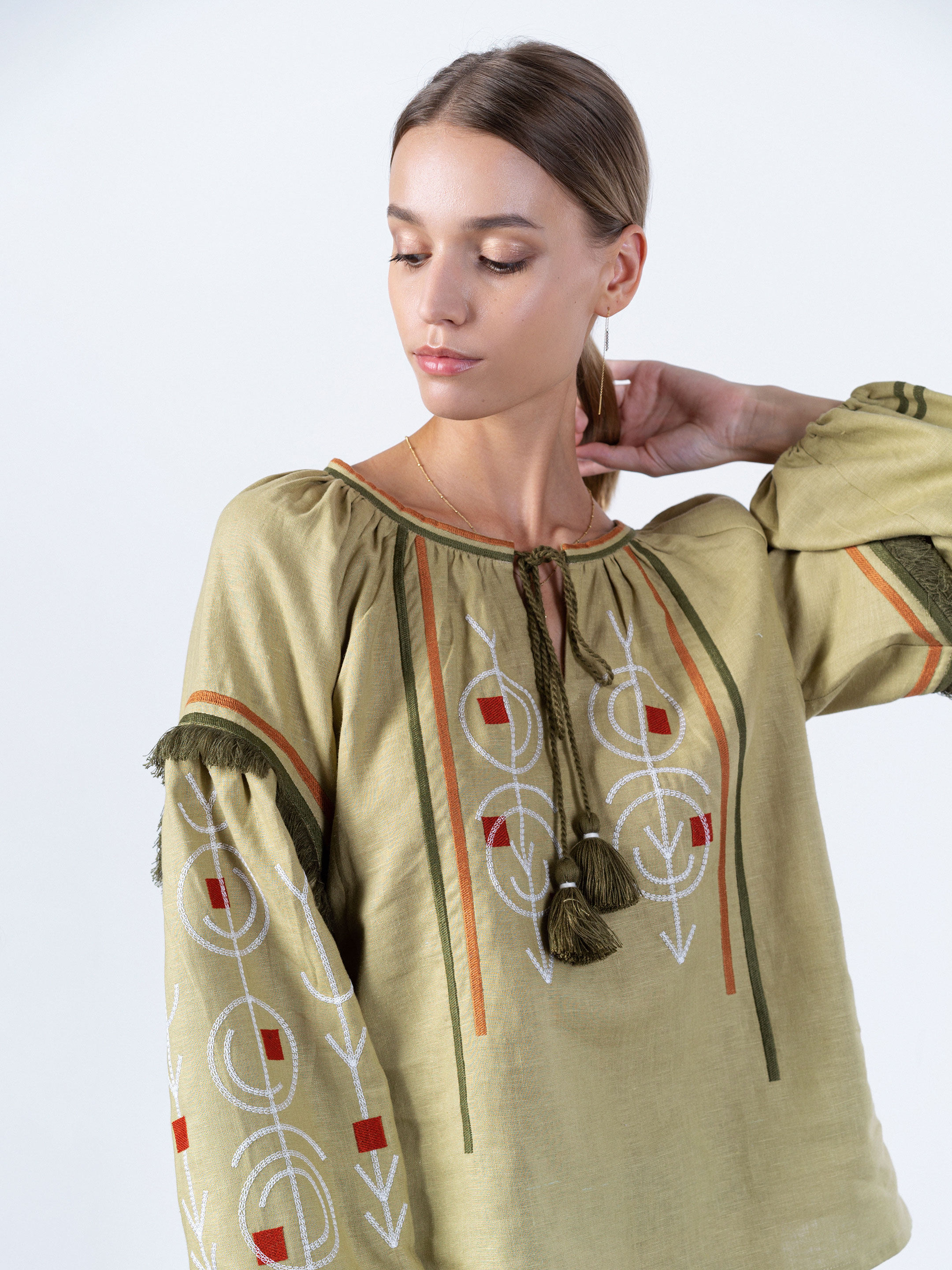 Linen embroidered free cut shirt GEO OLIVE in Ukraine