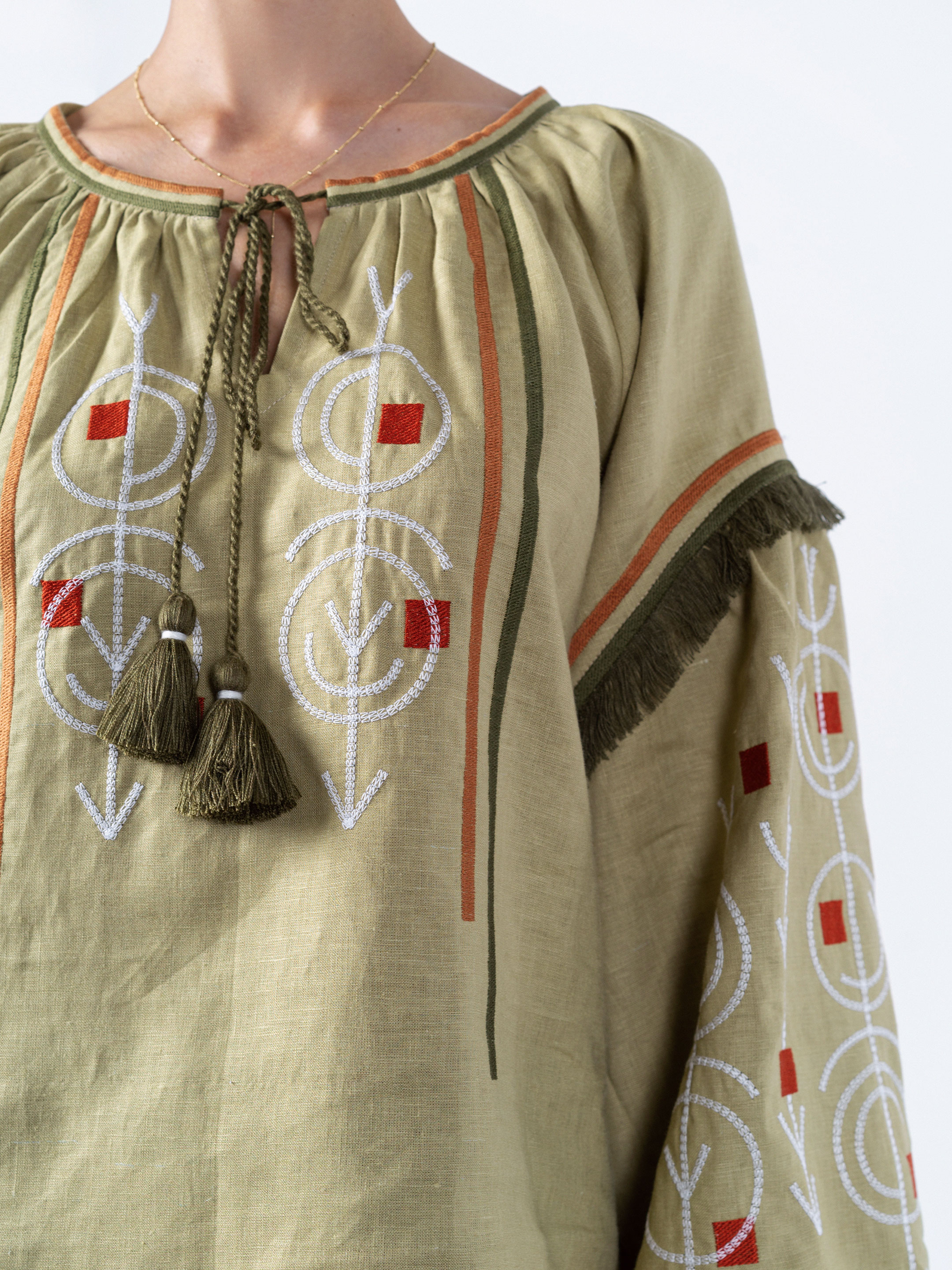 Linen embroidered free cut shirt GEO OLIVE ціна