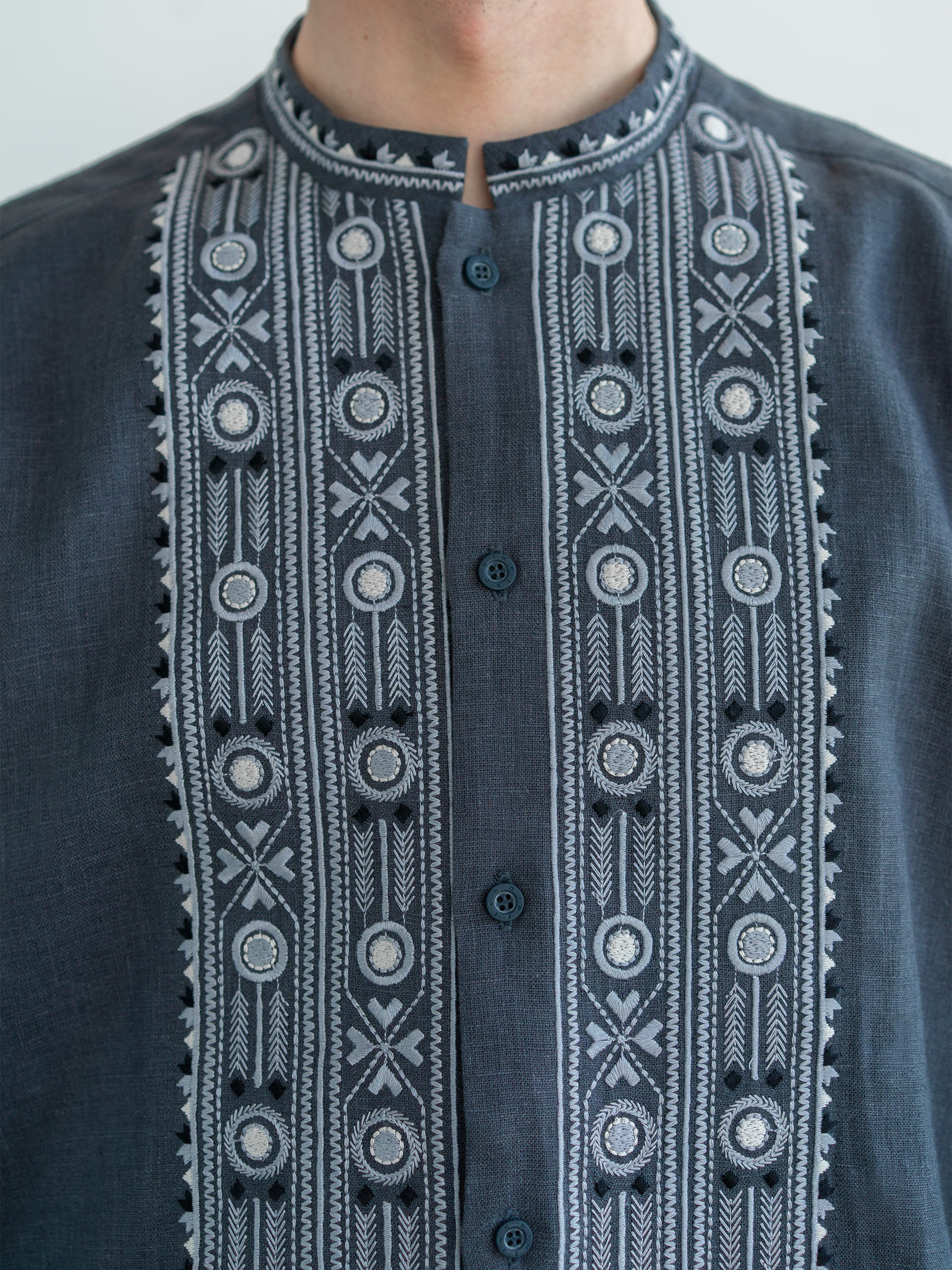 Grey shirt with geometric ornament and buttons KOLOS DARK buy