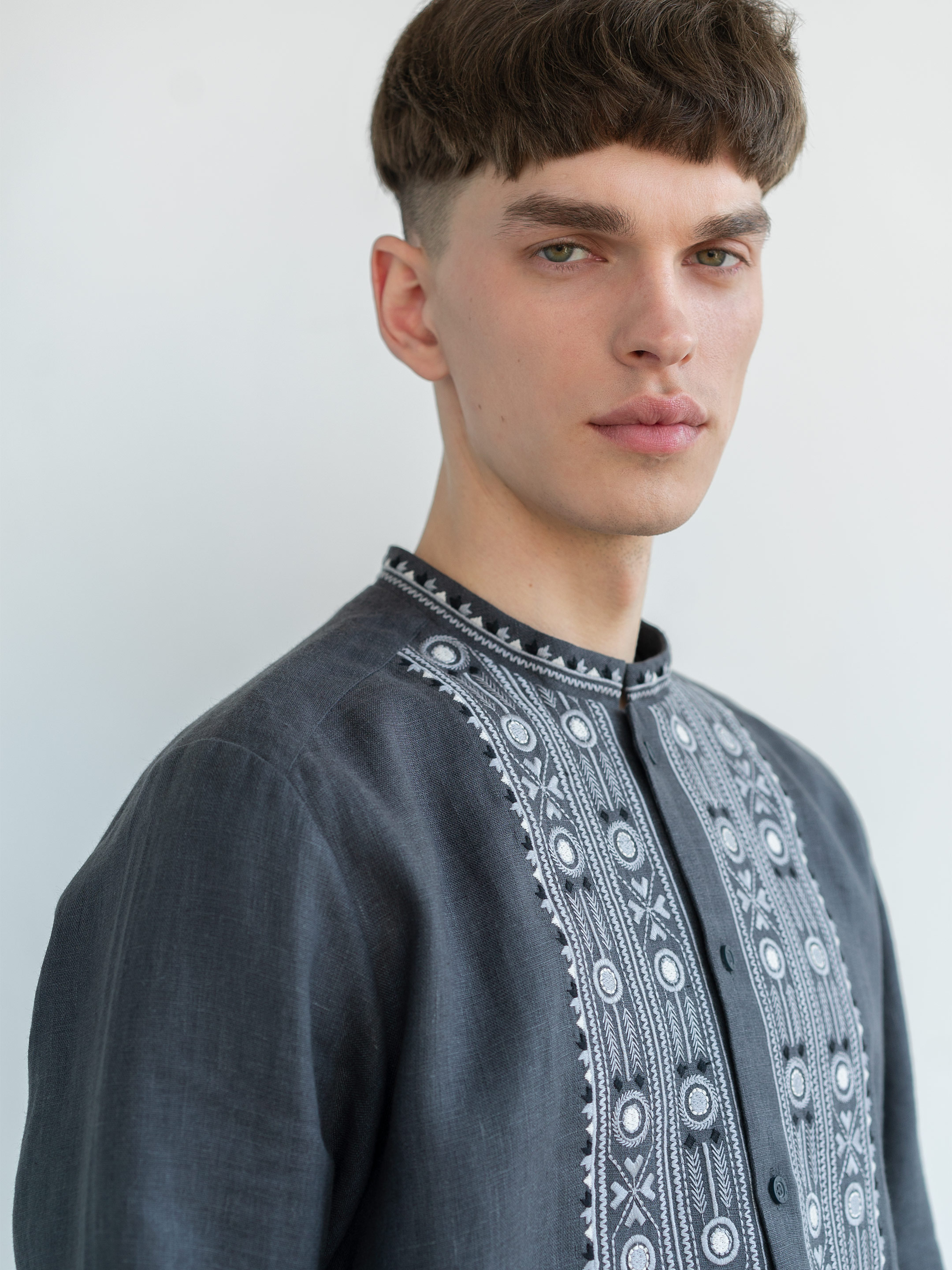 Grey shirt with geometric ornament and buttons KOLOS DARK ціна