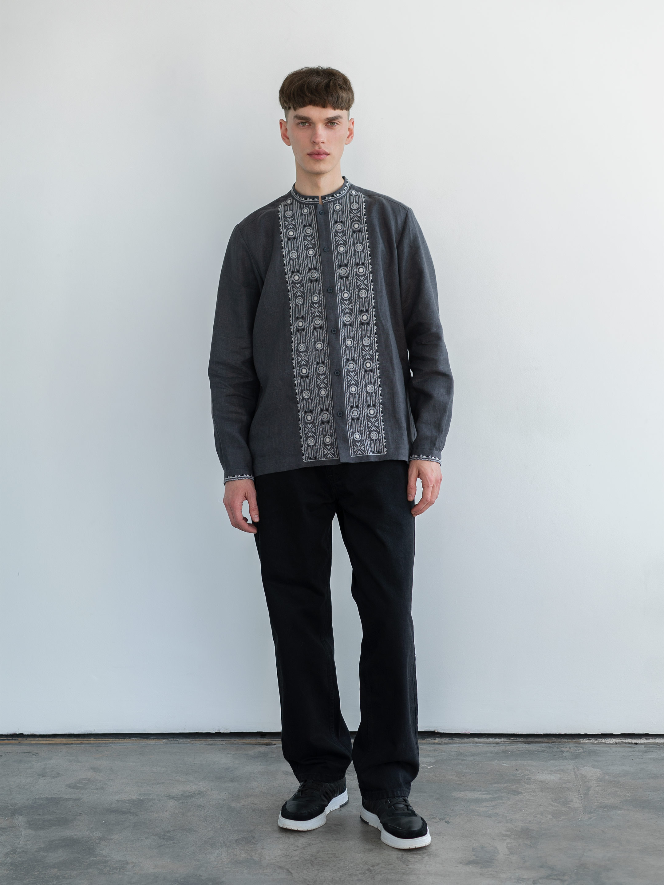 Grey shirt with geometric ornament and buttons KOLOS DARK cheap