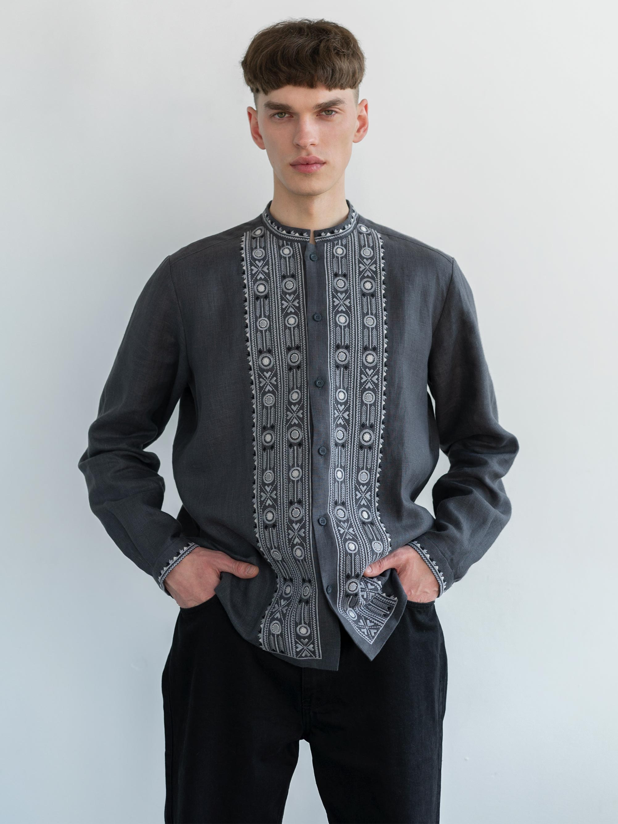 Grey shirt with geometric ornament and buttons KOLOS DARK Buy