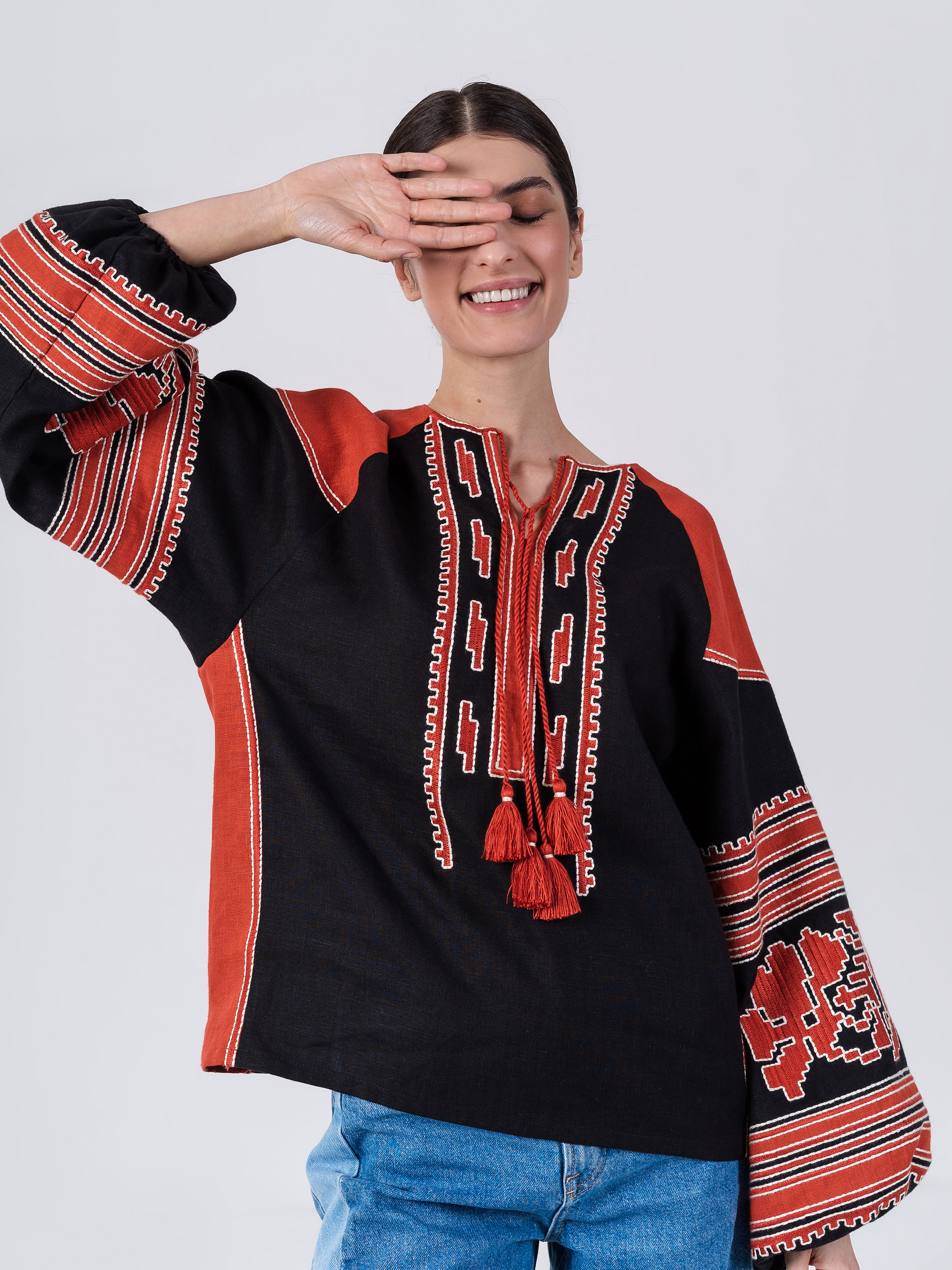 Linen embroidered shirt with free cut Vintage Red Buy