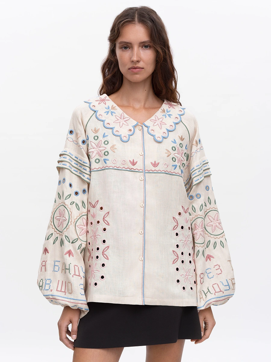Embroidered jacket made of black linen with a collar Bandura Temna — Creamy