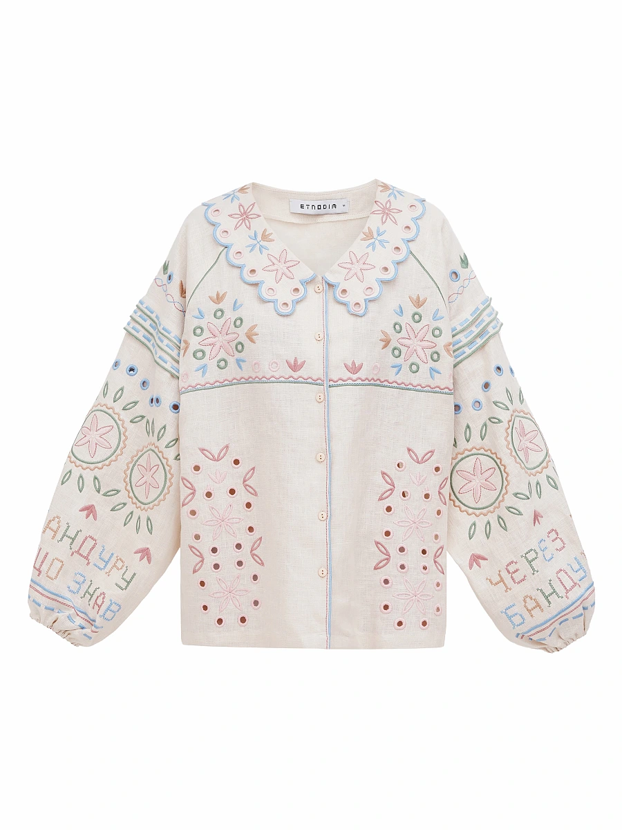 Embroidered jacket made of black linen with a collar Bandura Temna — Creamy